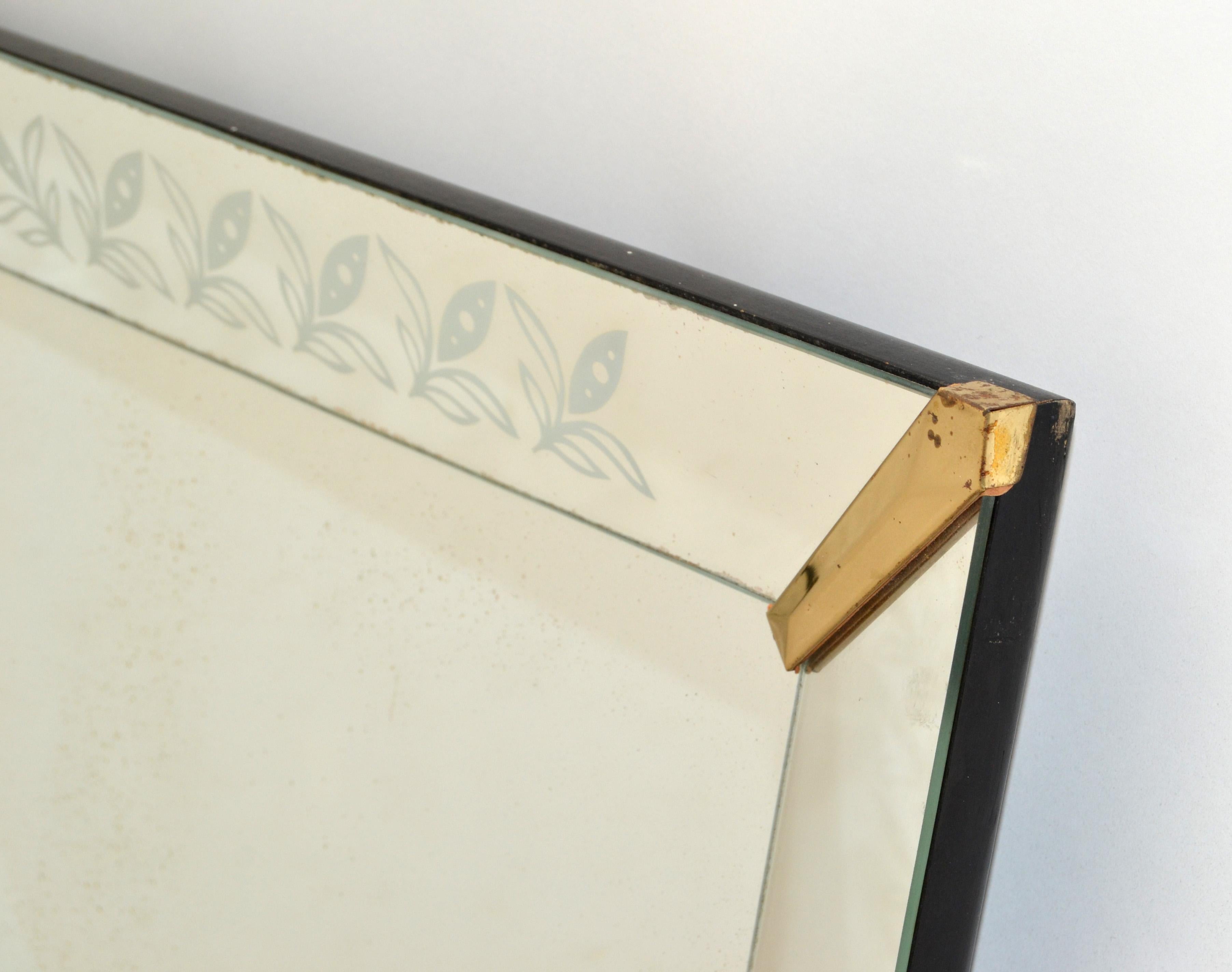 1940s Art Deco Venetian Style Etched Wall Mirror with Brass Finished Corners 3