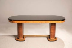 1940s Art Deco Walnut Wood & Brass Leg, Black Glass Oval Table, extendable