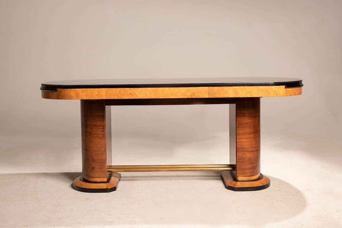 Italian 1940s Art Deco Walnut Wood & Brass Leg, Black Glass Oval Table, extendable For Sale