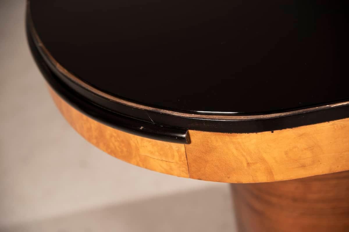 Ebonized 1940s Art Deco Walnut Wood & Brass Leg, Black Glass Oval Table, extendable For Sale