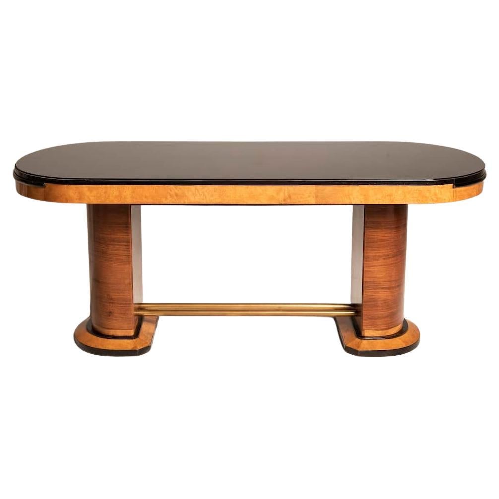 1940s Art Deco Walnut Wood & Brass Leg, Black Glass Oval Table, extendable For Sale