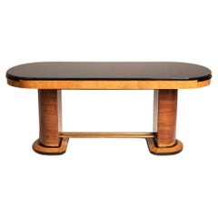 Vintage 1940s Art Deco Walnut Wood & Brass Leg, Black Glass Oval Table, extendable