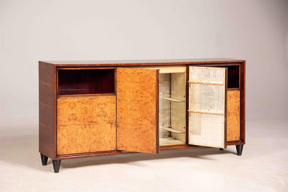 Italian 1940s Art Deco Wooden Bar Cabinet Sideboard, Mirrored and Illuminated Interior For Sale