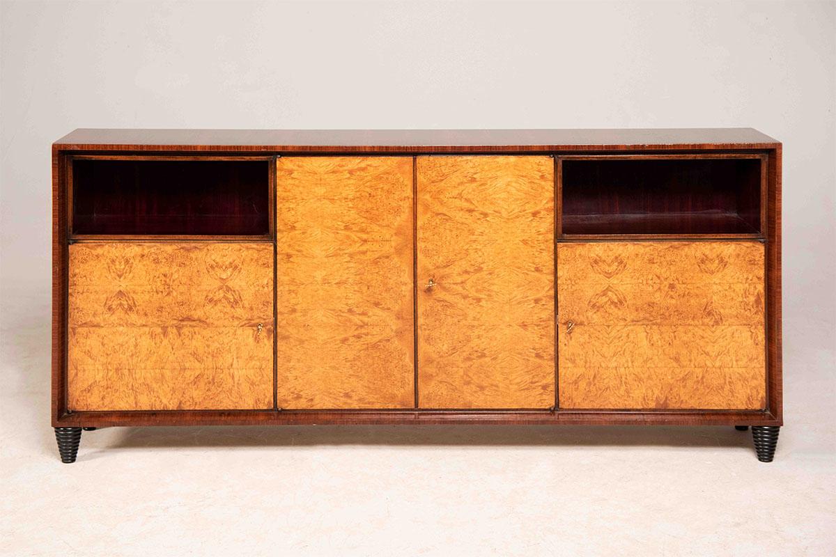 Mosaic 1940s Art Deco Wooden Bar Cabinet Sideboard, Mirrored and Illuminated Interior For Sale