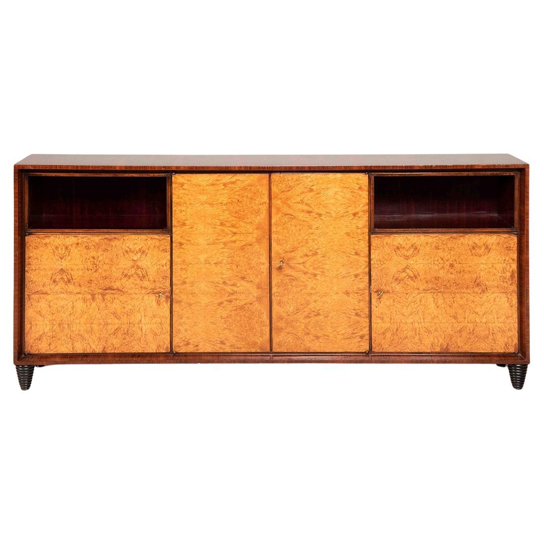 1940s Art Deco Wooden Bar Cabinet Sideboard, Mirrored and Illuminated Interior For Sale
