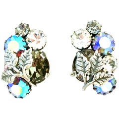 1940'S Art Nouveau Austrian Silver & Crystal Rhinestone Earrings-Signed Autsria