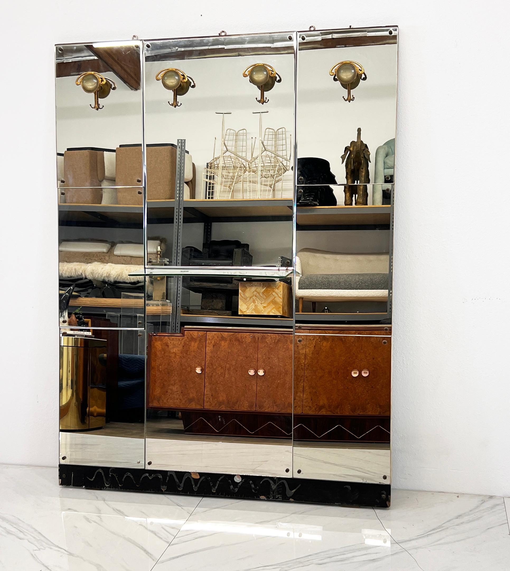 Mid-20th Century 1940's Art Nouveau Meets Art Deco Hall Tree, Mirror With Coat Hooks and Shelf For Sale