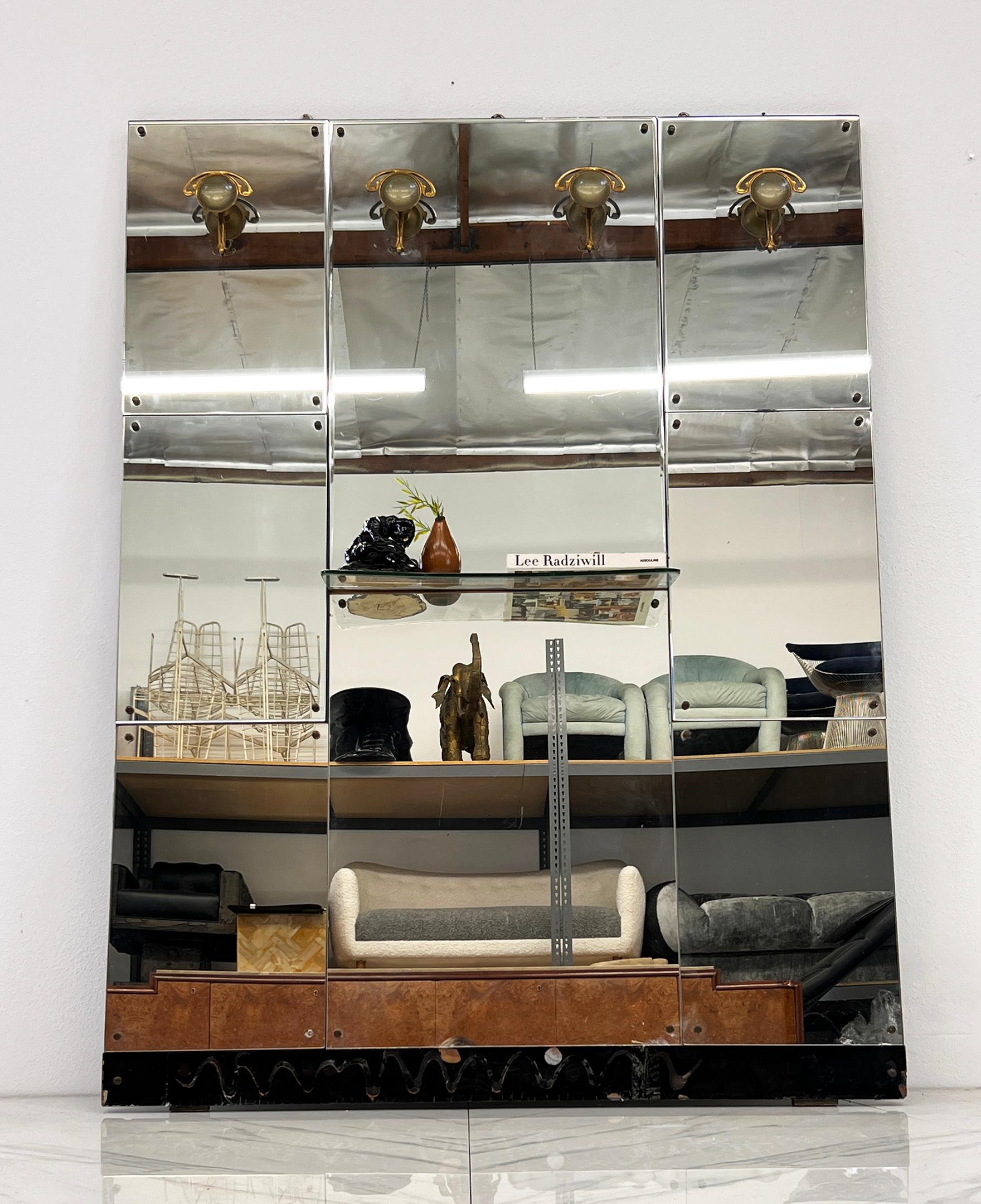 Brass 1940's Art Nouveau Meets Art Deco Hall Tree, Mirror With Coat Hooks and Shelf For Sale