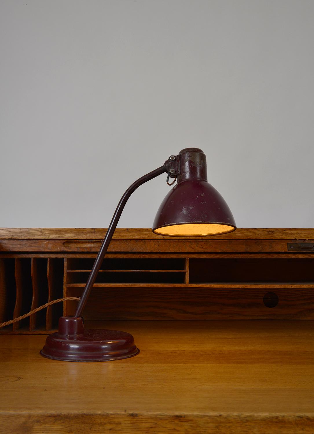 1940s Articulated German Industrial Metal Office Desk Task Lamp Patina Burgundy 8