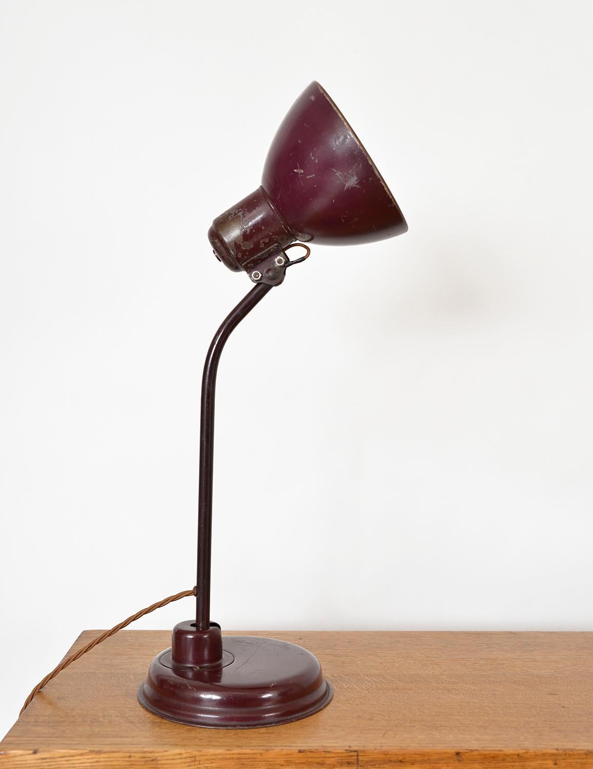 1940s Articulated German Industrial Metal Office Desk Task Lamp Patina Burgundy 1