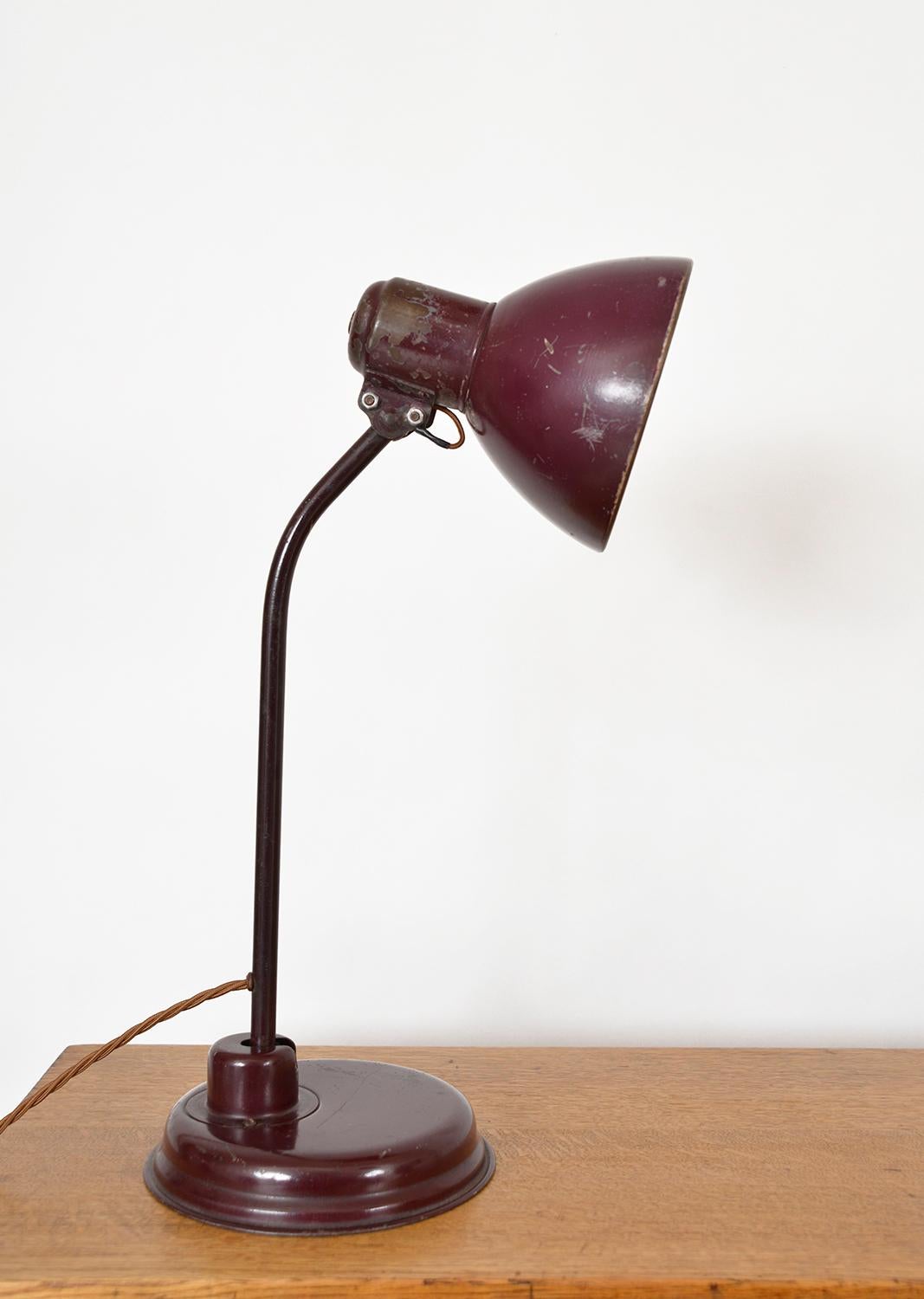 1940s Articulated German Industrial Metal Office Desk Task Lamp Patina Burgundy 2