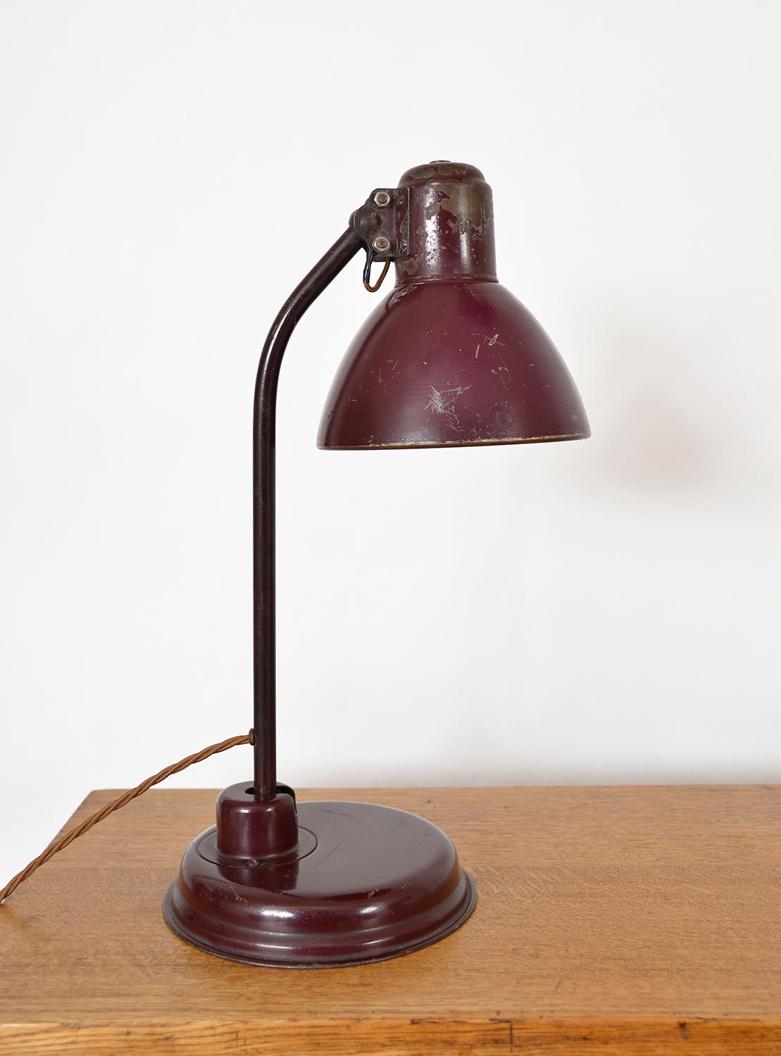 1940s Articulated German Industrial Metal Office Desk Task Lamp Patina Burgundy 3