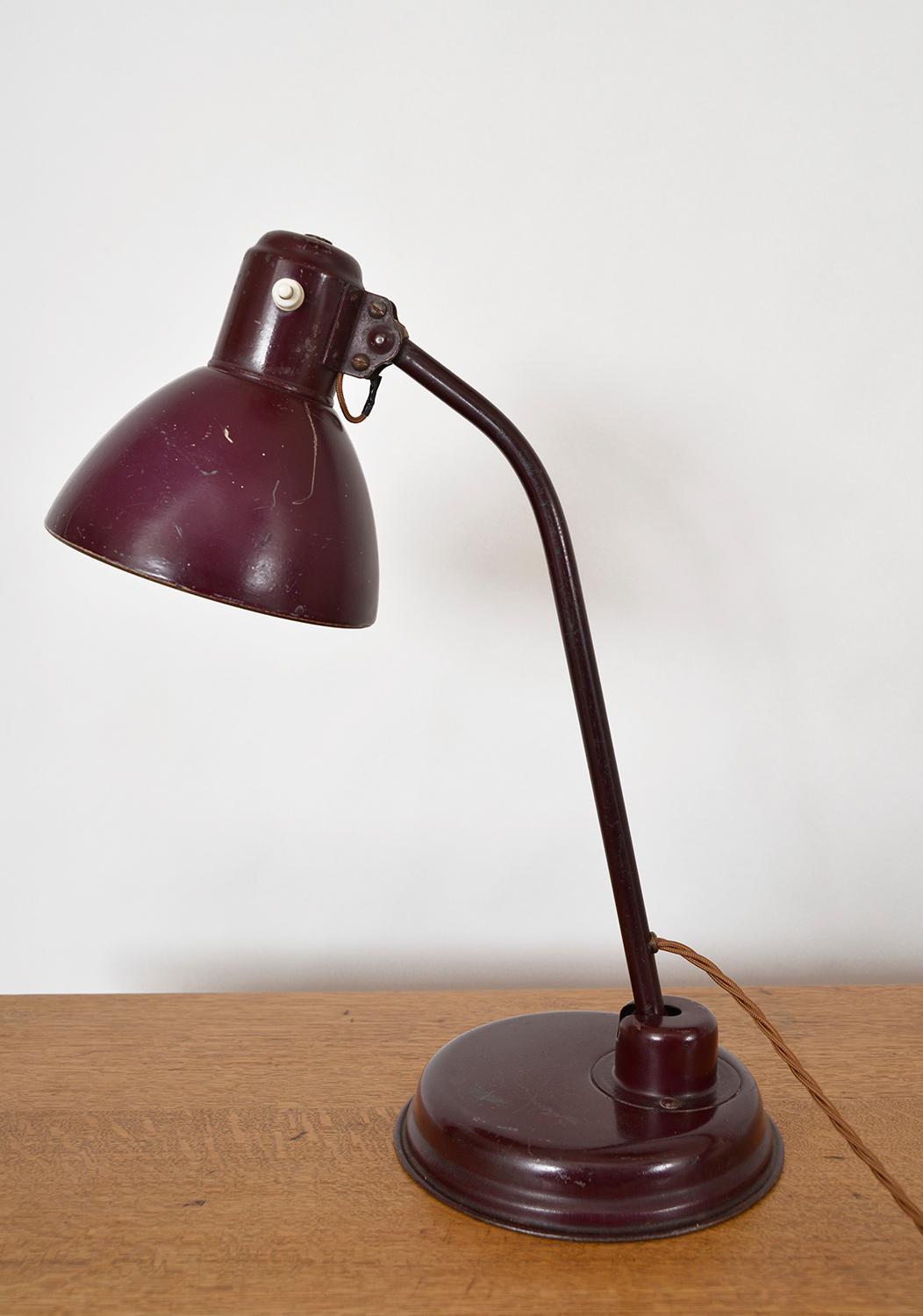 1940s Articulated German Industrial Metal Office Desk Task Lamp Patina Burgundy 4