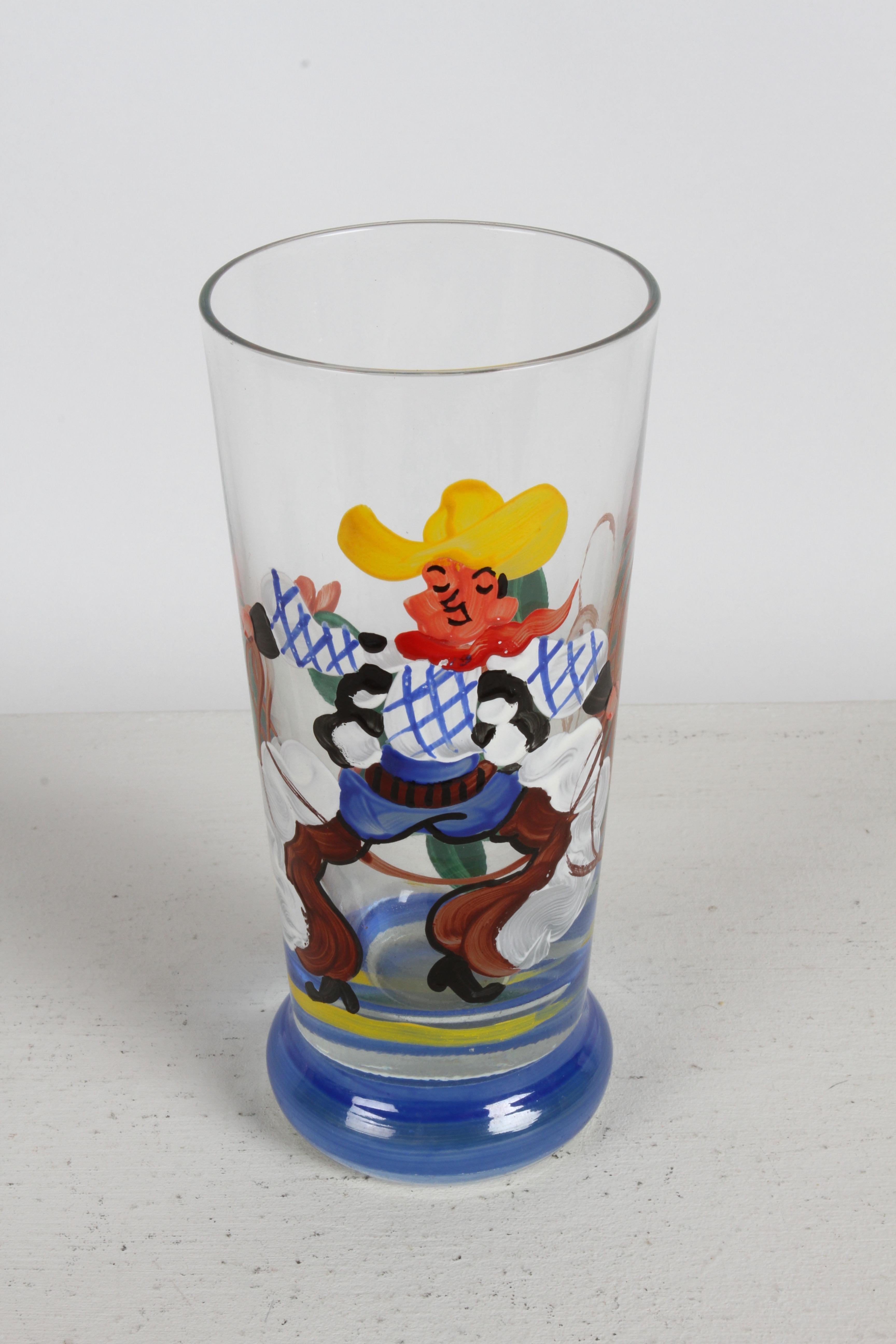 Vasos de bar pintados a mano por artistas de los años 40 con temática de vaquero, lazo y cactus - Rita en venta 4