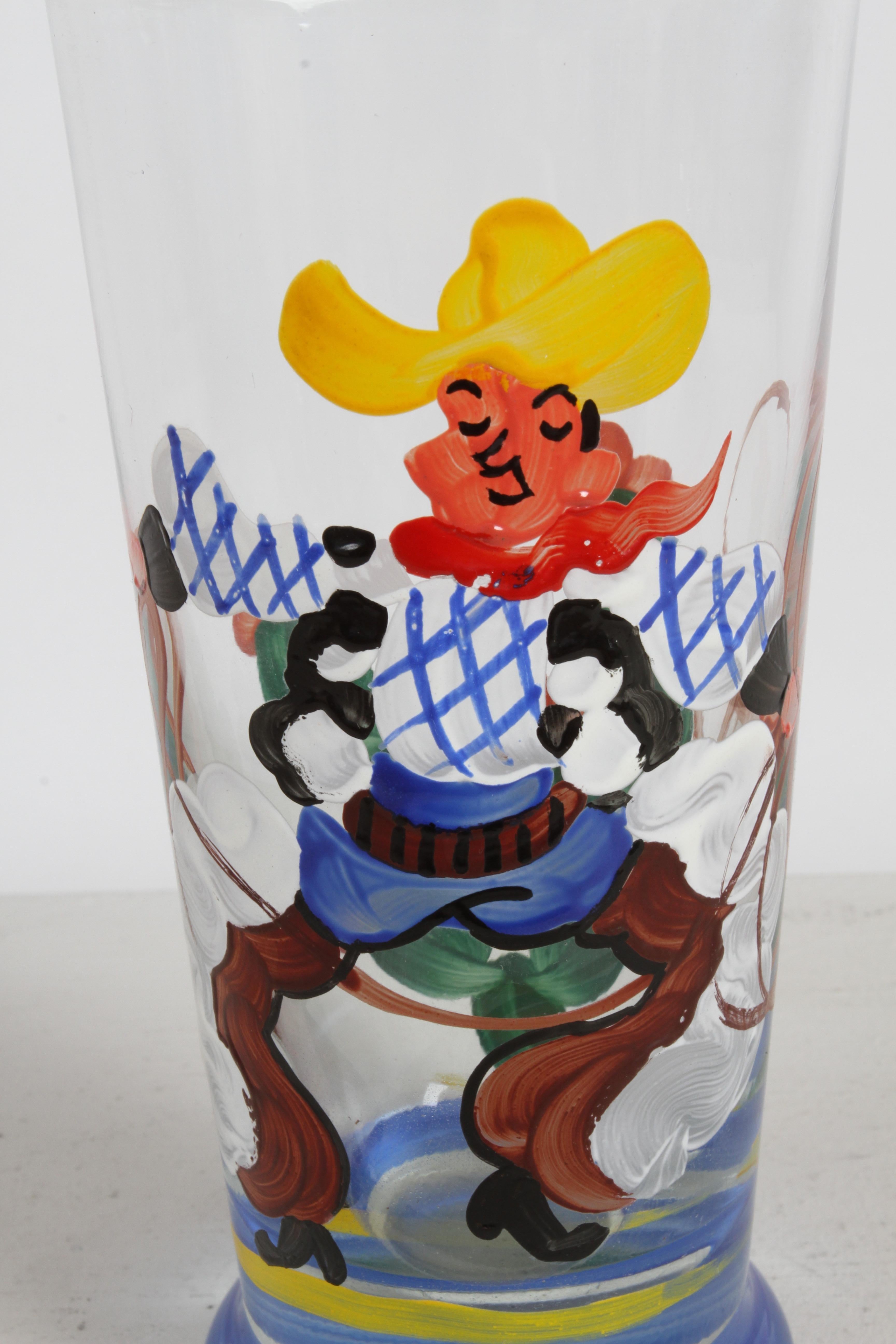 Verres de bar peints à la main par un artiste des années 1940 sur le thème du cow-boy, du lasso et du cactus - Rita  en vente 6