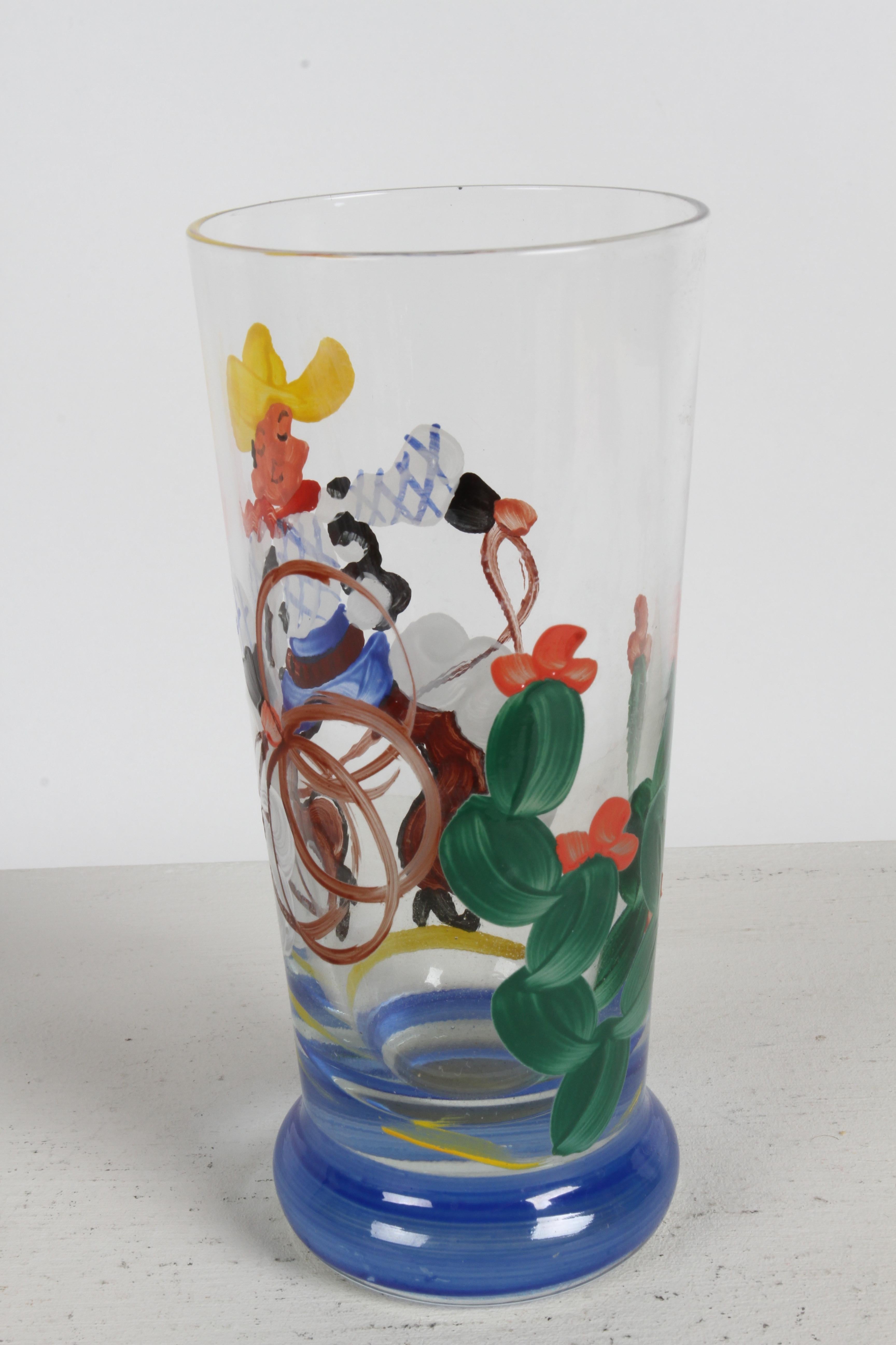 Verres de bar peints à la main par un artiste des années 1940 sur le thème du cow-boy, du lasso et du cactus - Rita  en vente 7