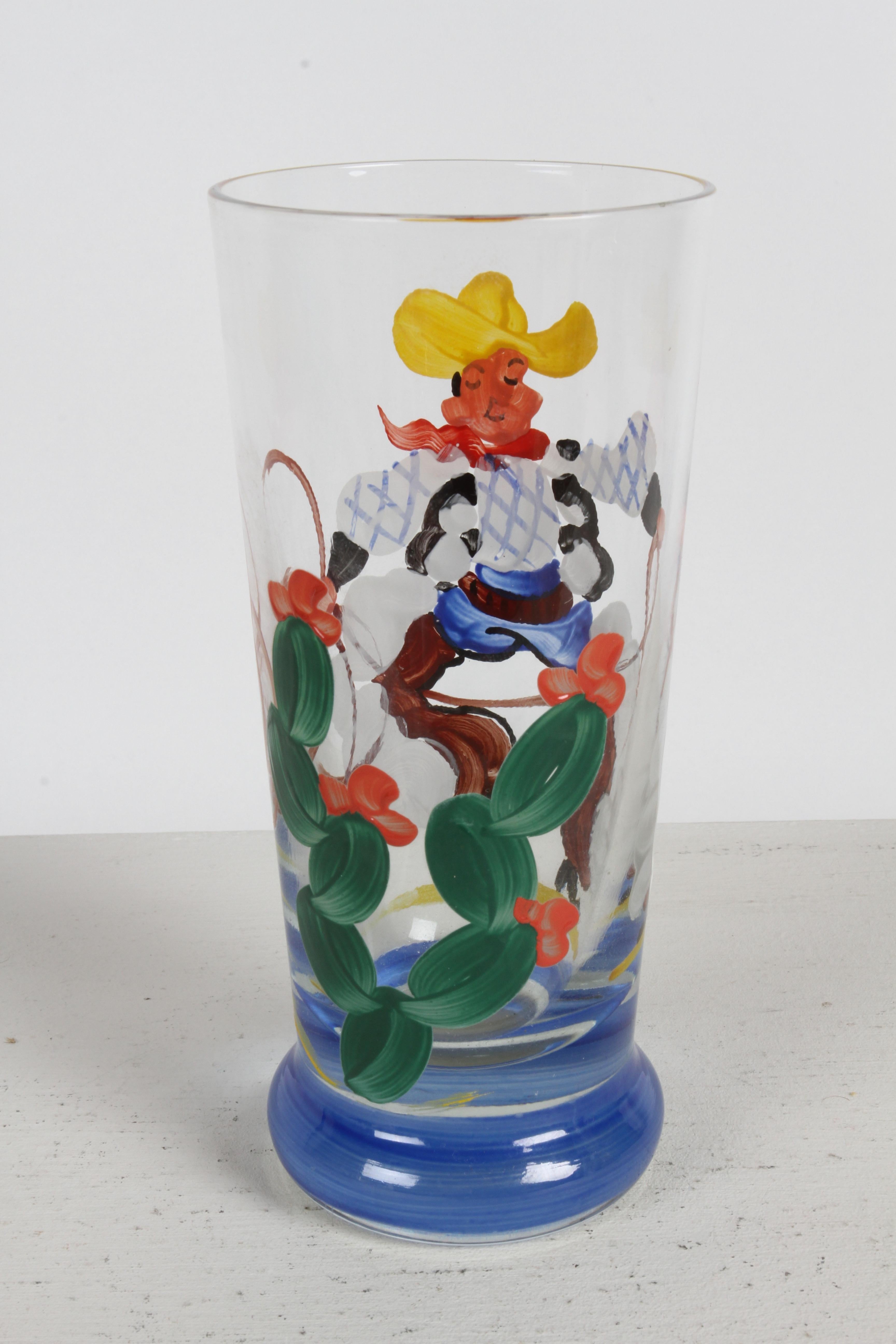 Vasos de bar pintados a mano por artistas de los años 40 con temática de vaquero, lazo y cactus - Rita en venta 7
