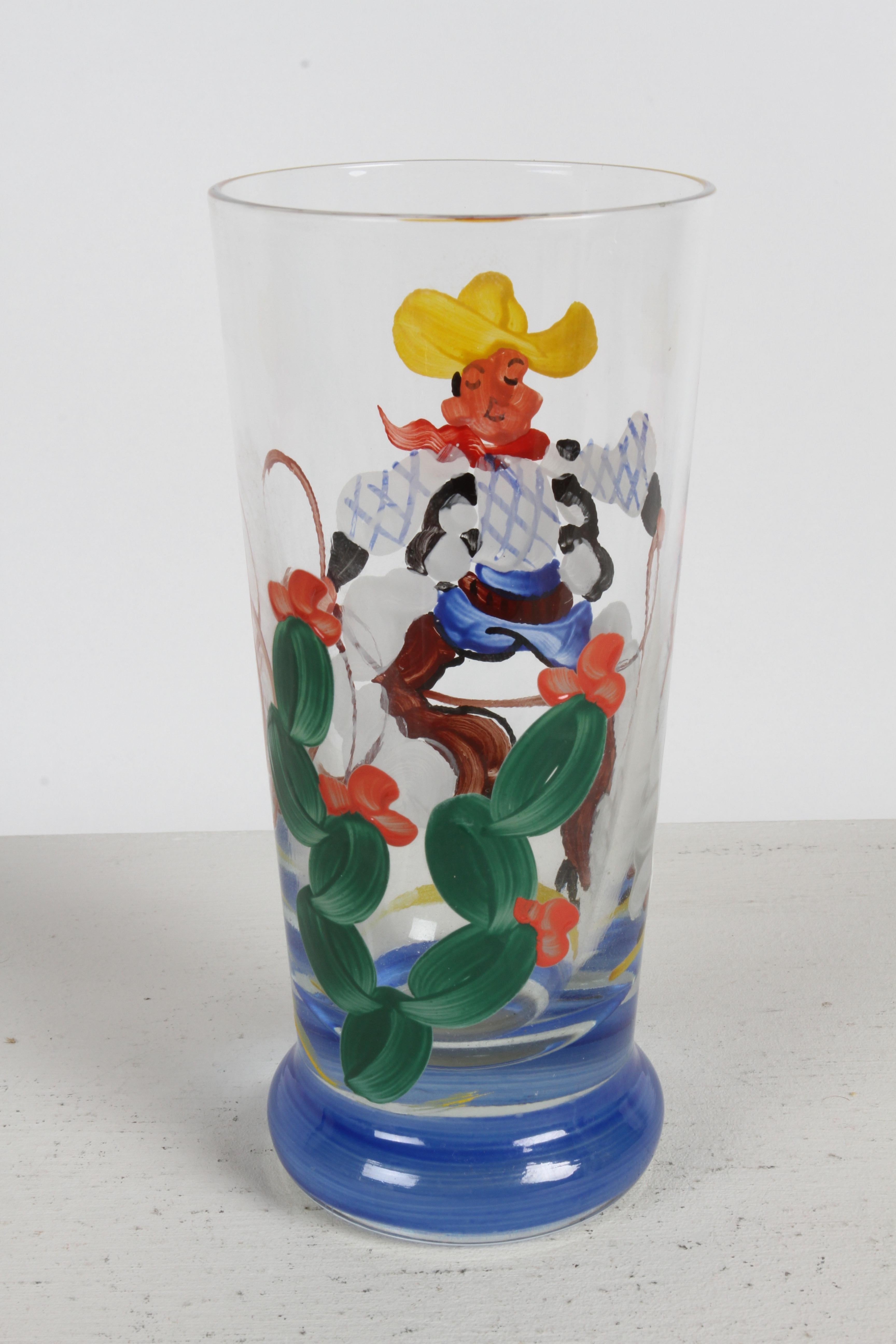 Verres de bar peints à la main par un artiste des années 1940 sur le thème du cow-boy, du lasso et du cactus - Rita  en vente 8