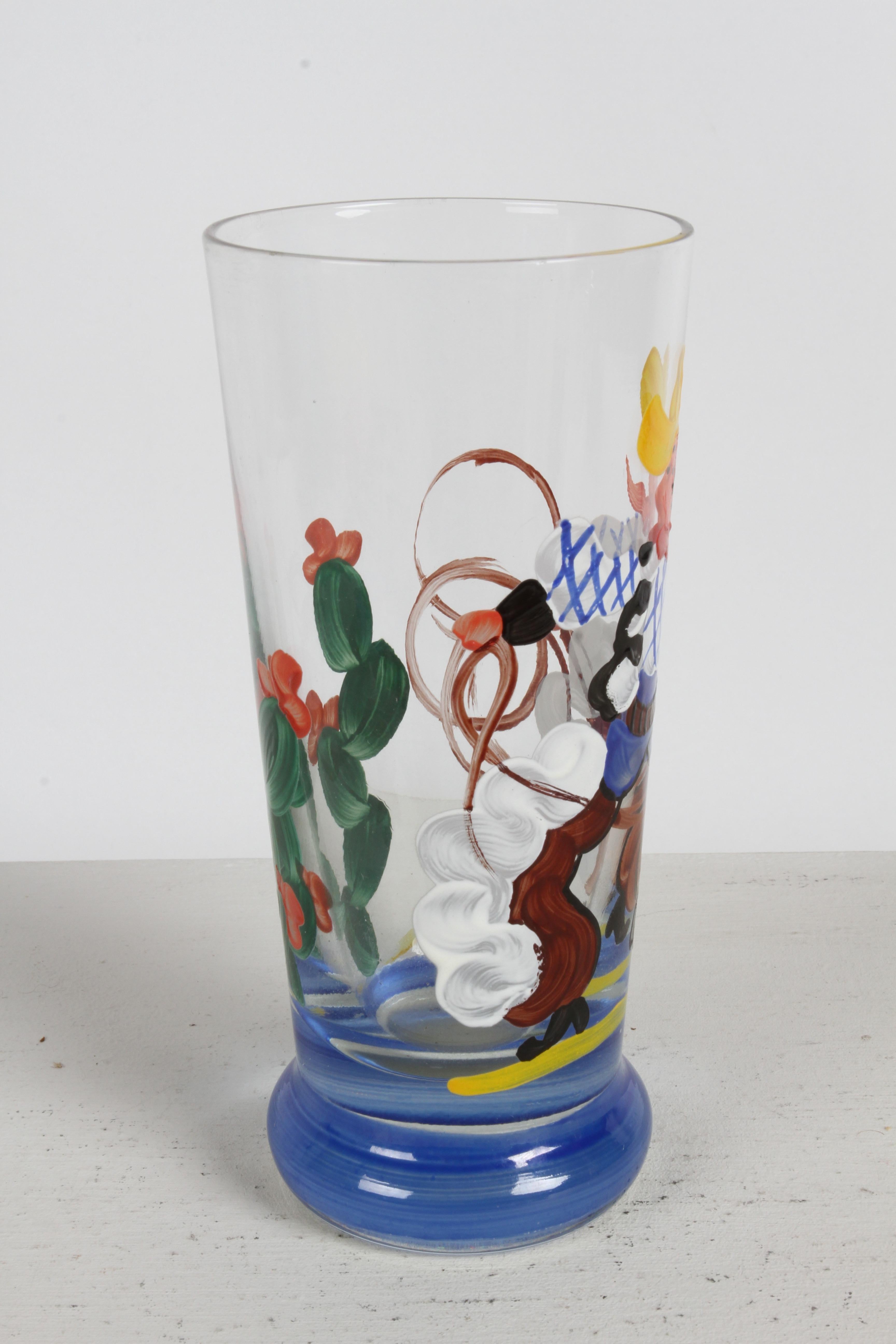 Vasos de bar pintados a mano por artistas de los años 40 con temática de vaquero, lazo y cactus - Rita en venta 8