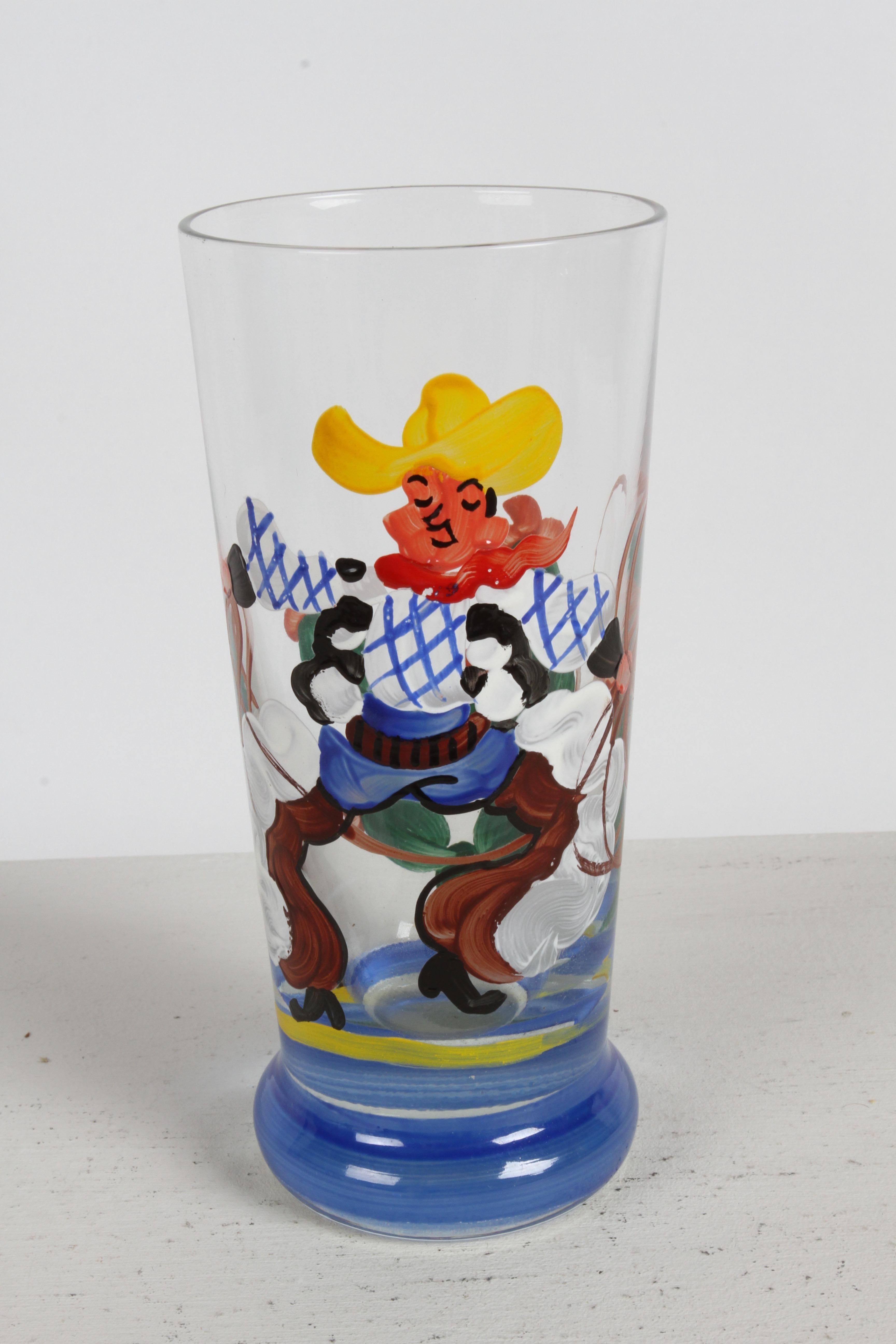 Verres de bar peints à la main par un artiste des années 1940 sur le thème du cow-boy, du lasso et du cactus - Rita  en vente 10