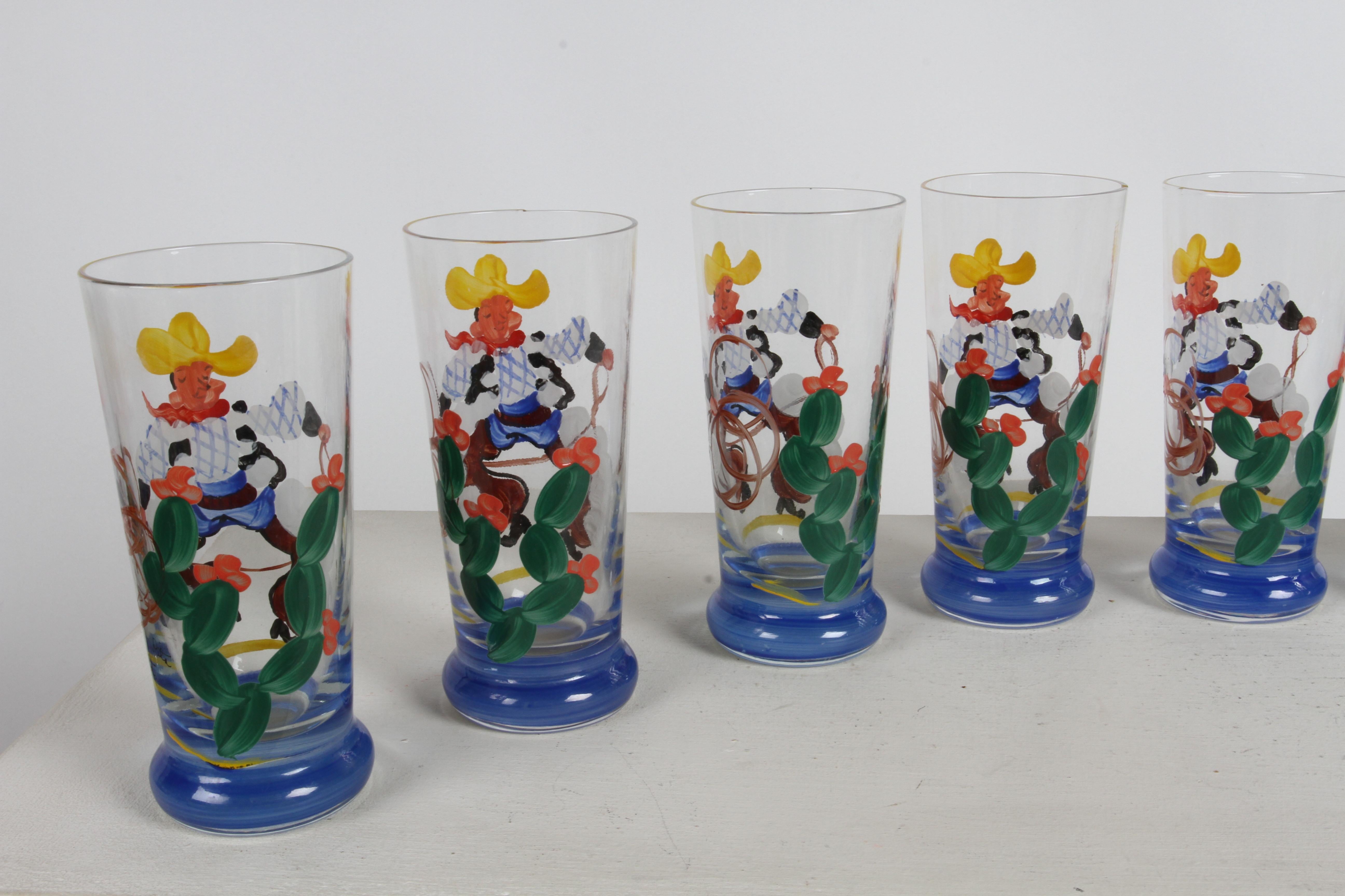 Native American 1940s Artist Hand-Painted Bar Glasses with Cowboy, Lasso & Cactus Theme - Rita  For Sale