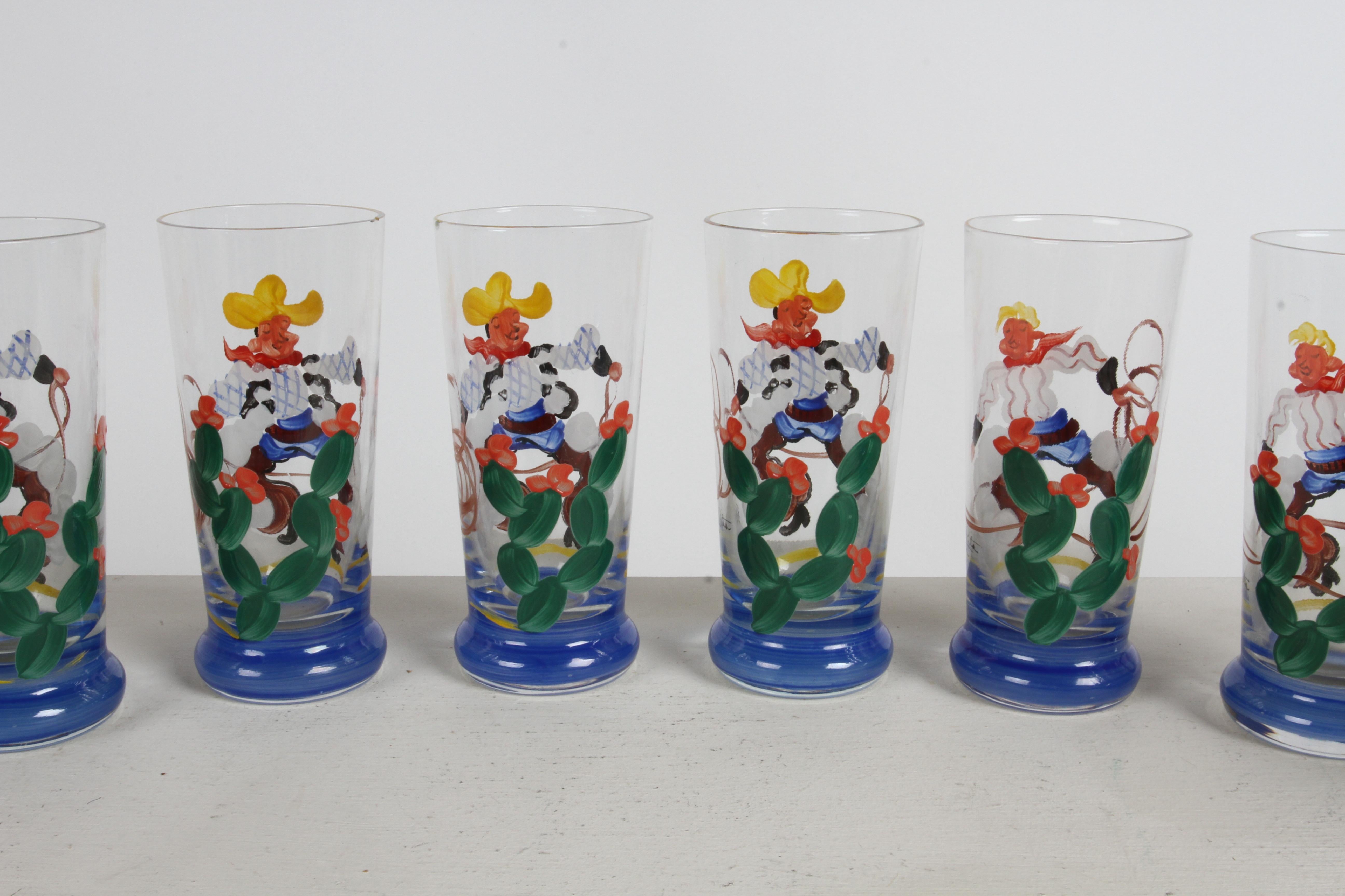 American 1940s Artist Hand-Painted Bar Glasses with Cowboy, Lasso & Cactus Theme - Rita  For Sale