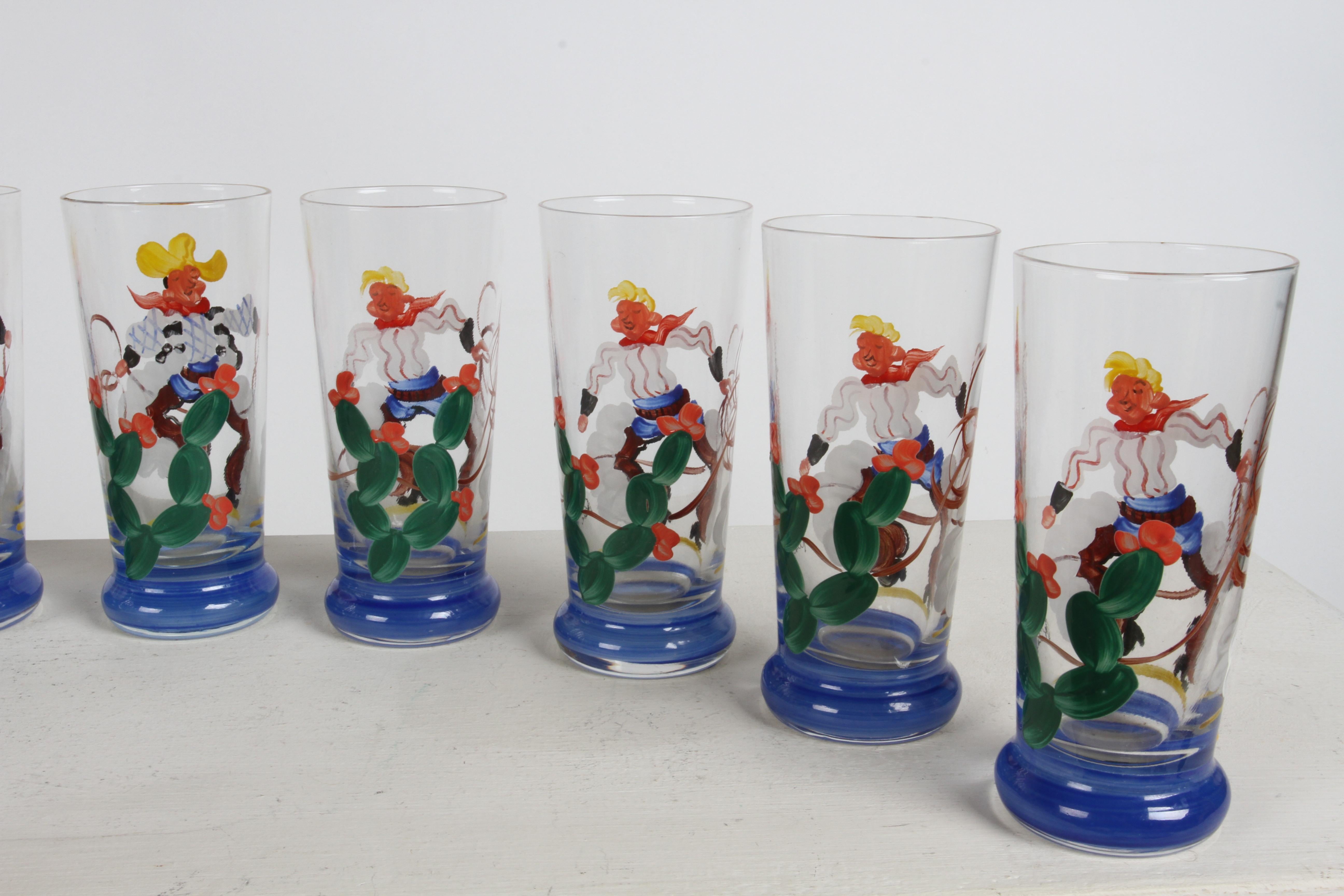 1940s Artist Hand-Painted Bar Glasses with Cowboy, Lasso & Cactus Theme - Rita  In Good Condition For Sale In St. Louis, MO