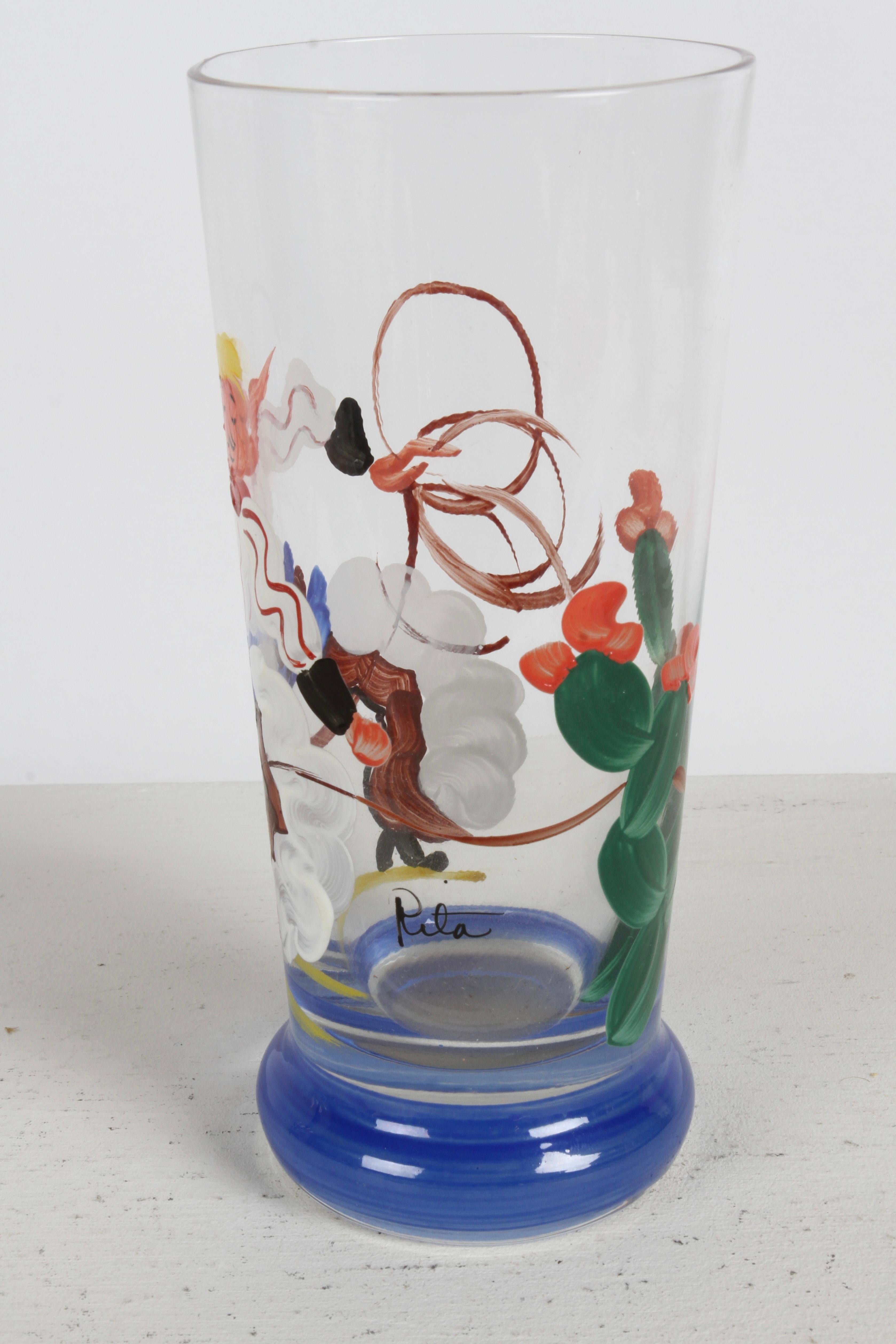 Vasos de bar pintados a mano por artistas de los años 40 con temática de vaquero, lazo y cactus - Rita mediados del siglo XX en venta