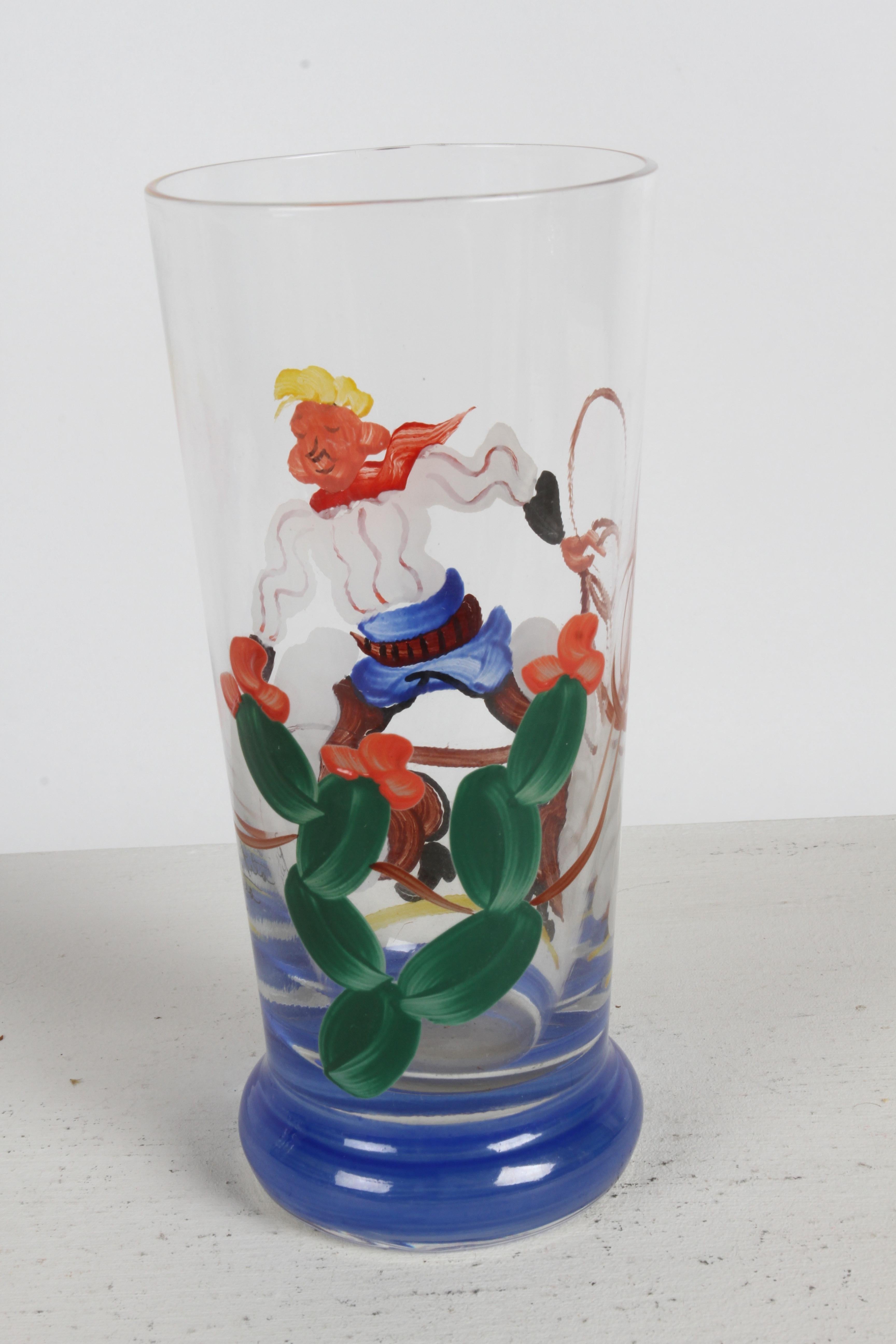 Verres de bar peints à la main par un artiste des années 1940 sur le thème du cow-boy, du lasso et du cactus - Rita  en vente 2