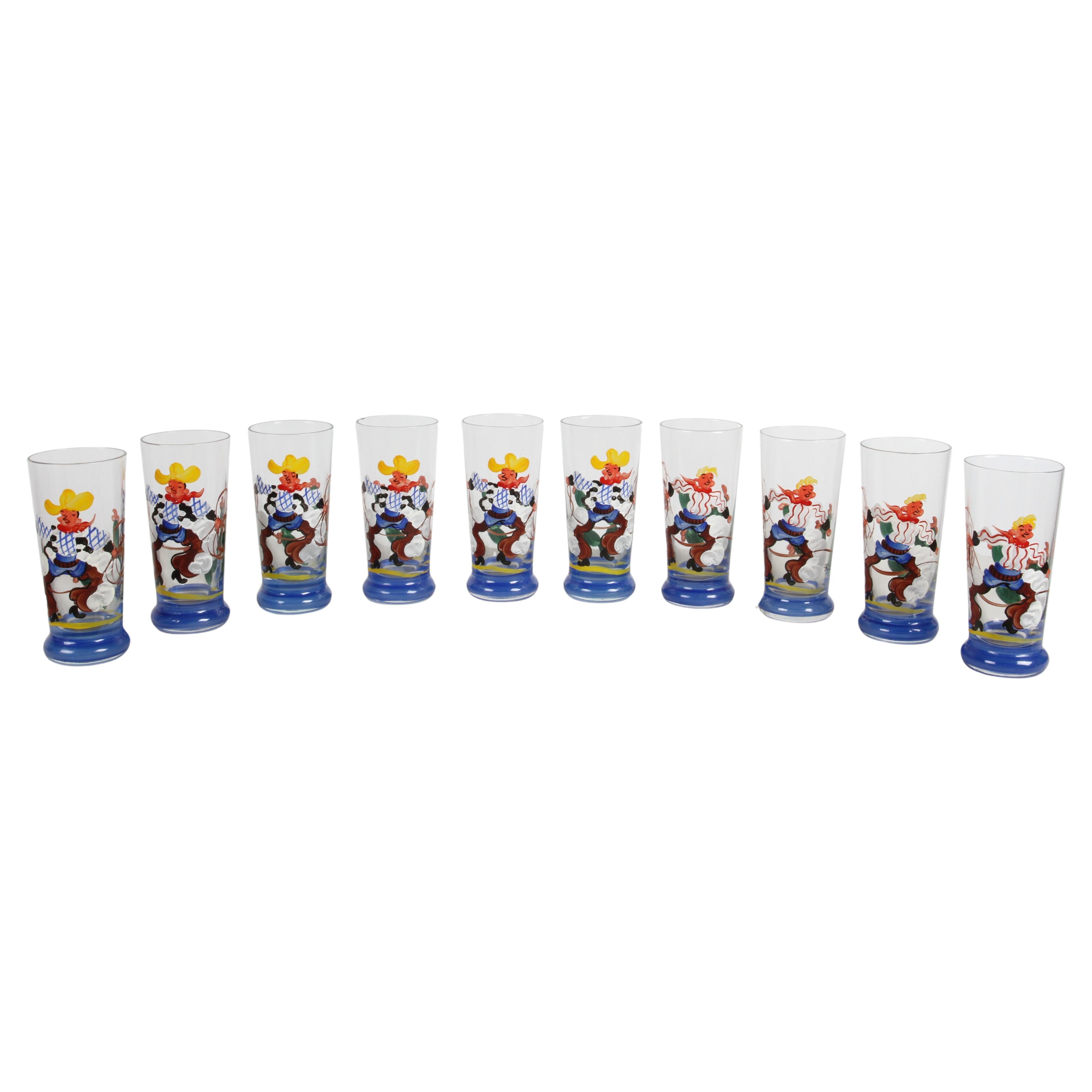 Vasos de bar pintados a mano por artistas de los años 40 con temática de vaquero, lazo y cactus - Rita en venta