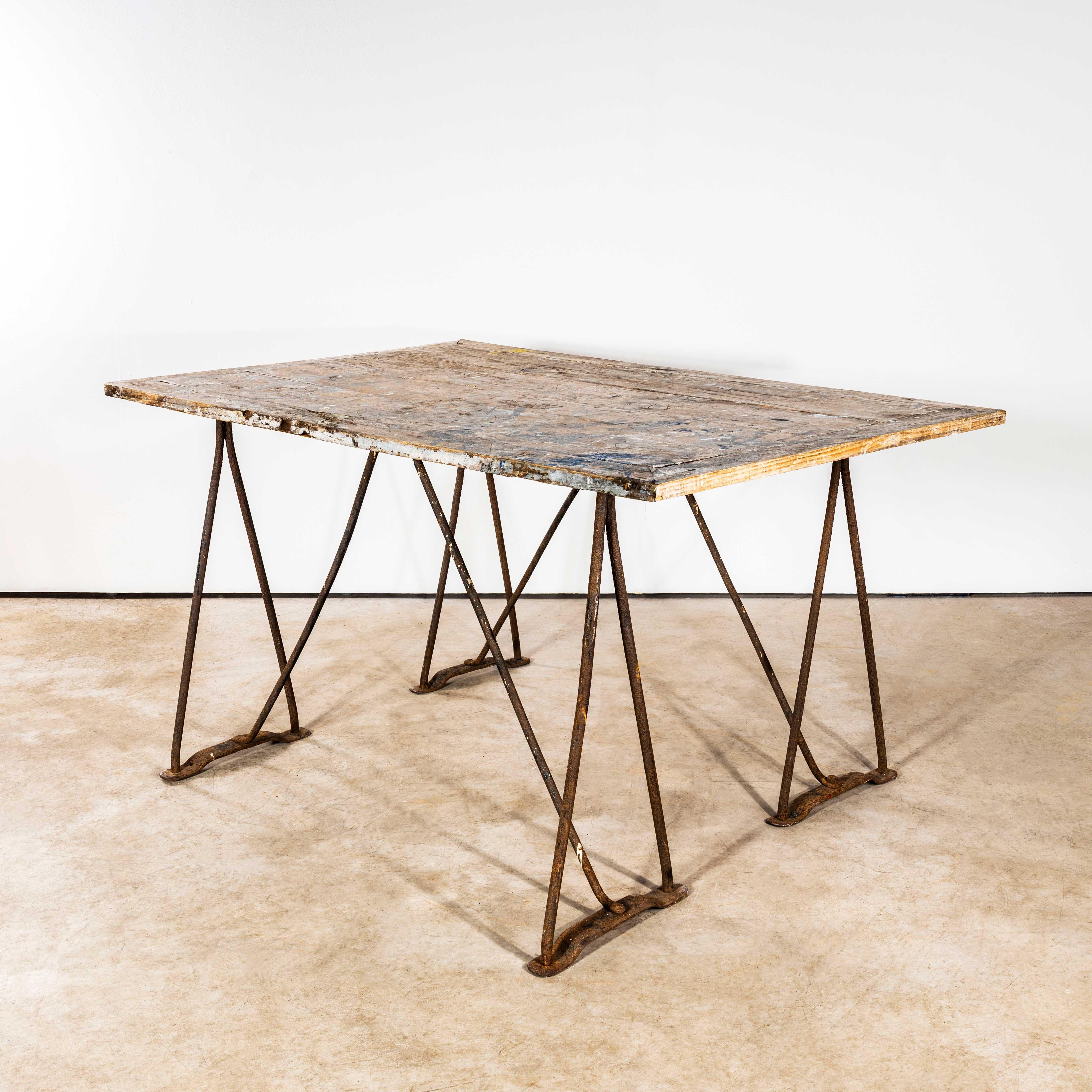 Pine 1940's Artists High Console Table - Forged Iron Trestle Bases For Sale