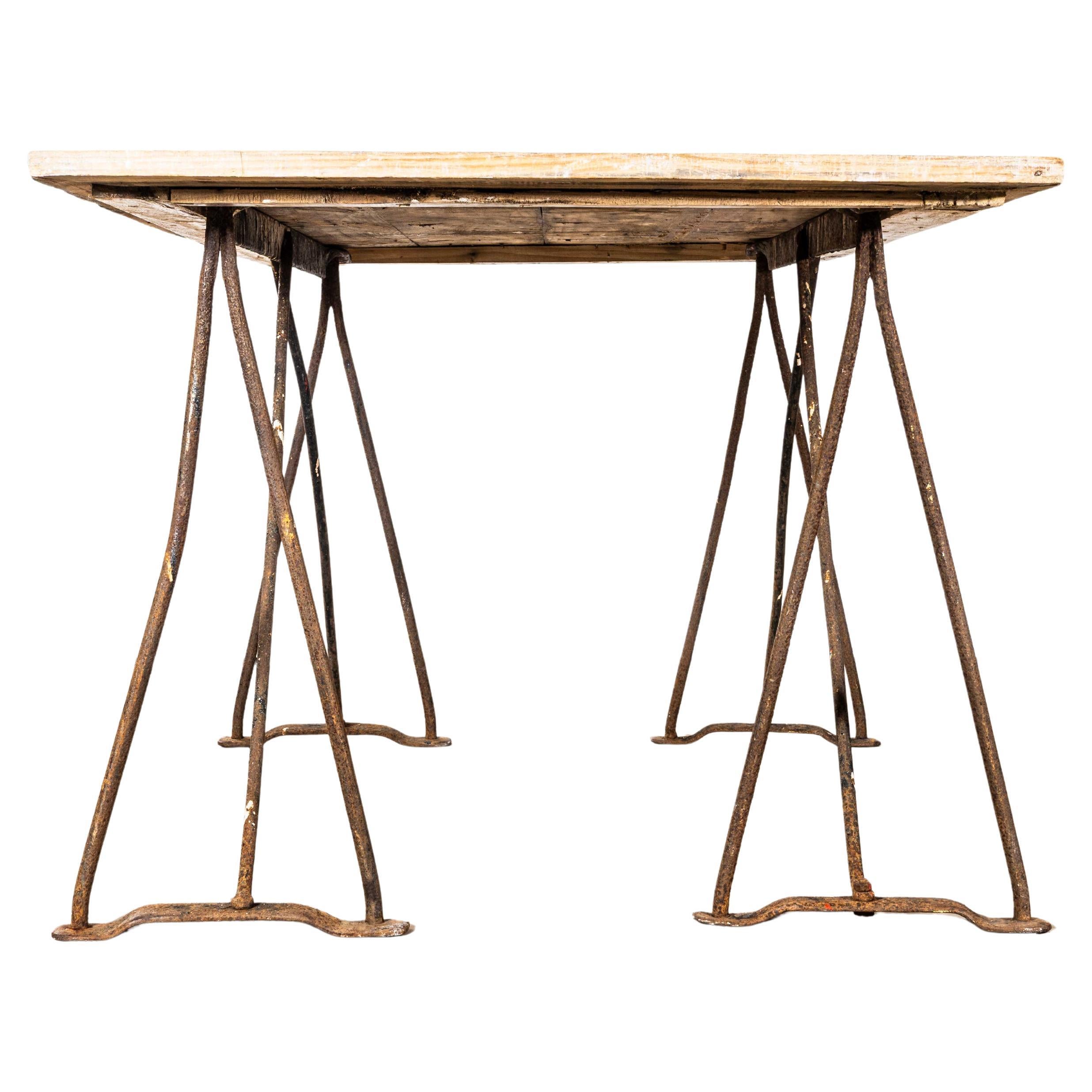 1940's Artists High Console Table - Forged Iron Trestle Bases