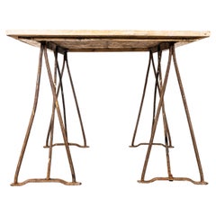 1940's Artists High Console Table - Forged Iron Trestle Bases