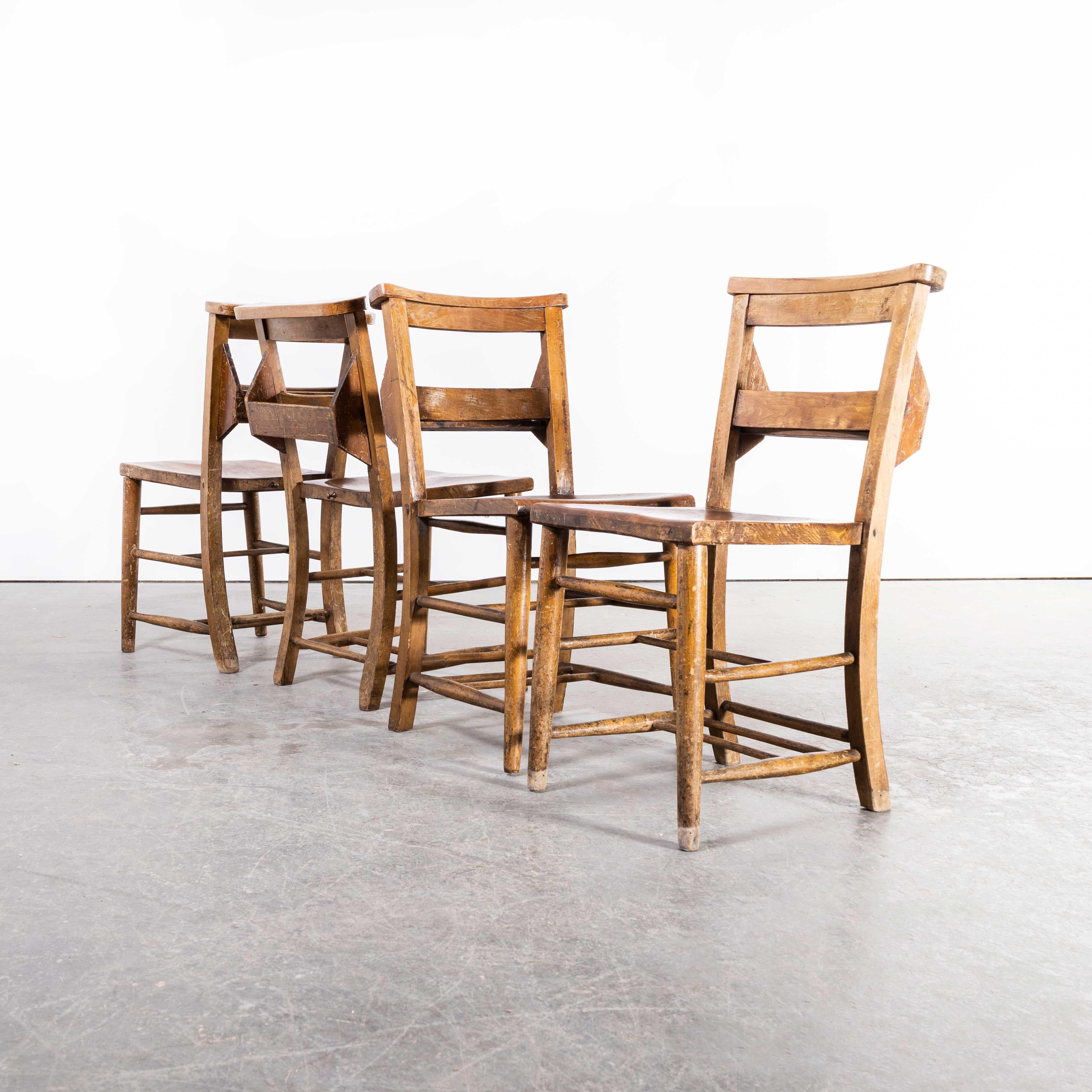 1940’s Ash Church – chapel dining chairs – set of four
1940’s Ash Church – chapel dining chairs – set of four. England has a wonderfully rich heritage for making chairs. At the height of production at the turn of the last century over 4500 chairs