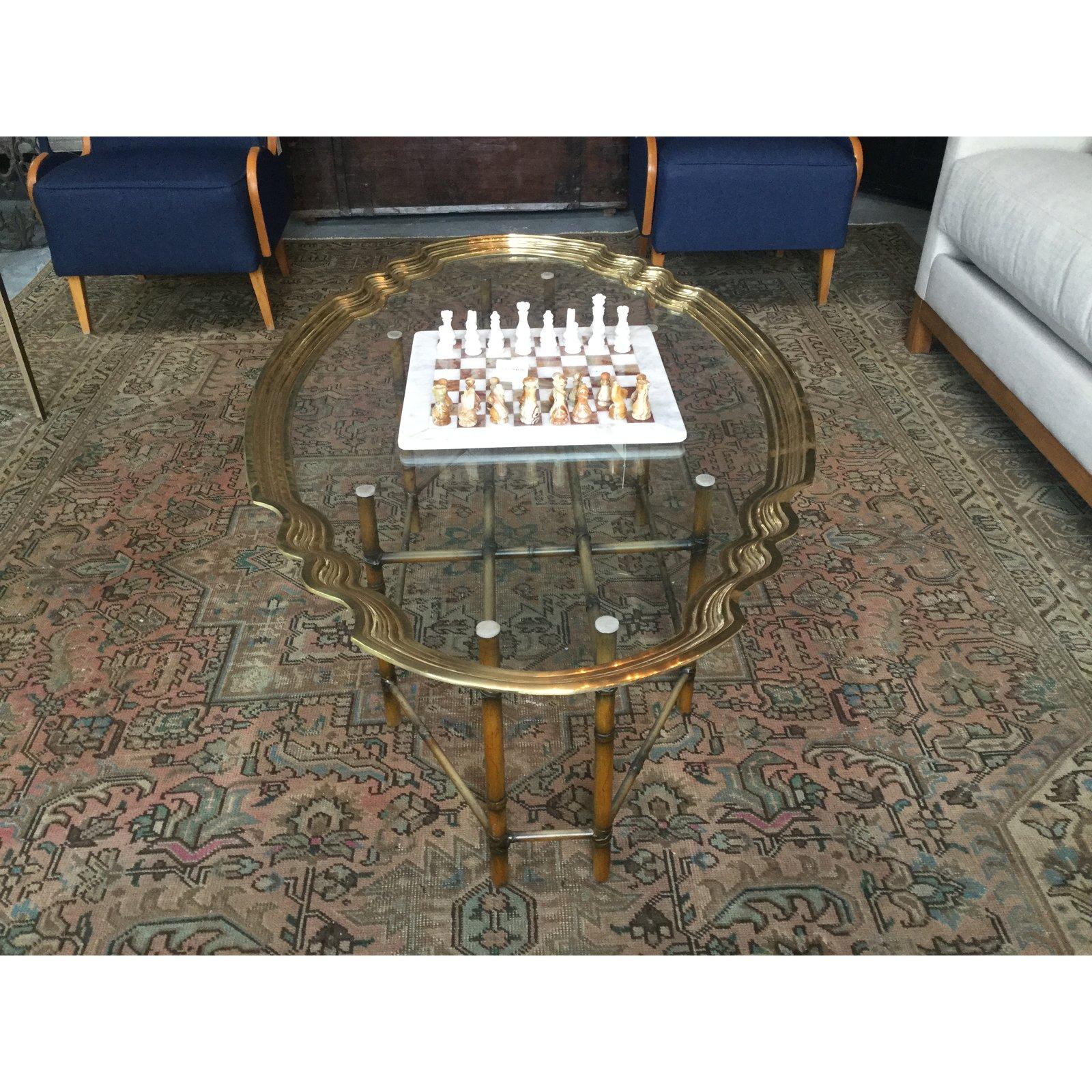 Hollywood Regency 1940s Asian Antique Gilded Glass Coffee Table with Bamboo Base