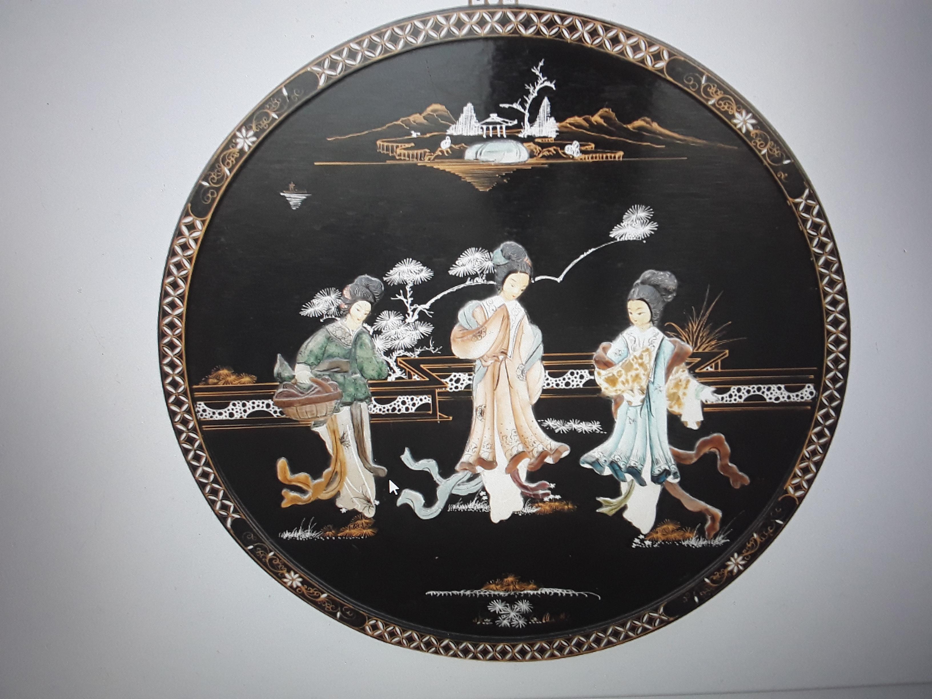 1940's Asian Chinoiserie Black Lacquer Framed Ladies Mingling Wall Decorative Ar For Sale 4