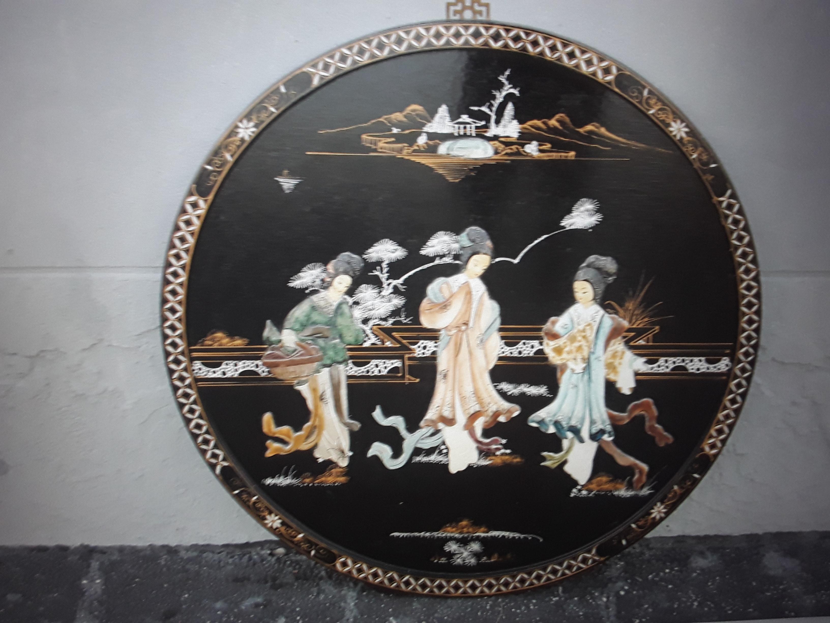 1940's Asian Chinoiserie Hand Crafted Black Lacquered Hand Painted Decorative Wall Art.