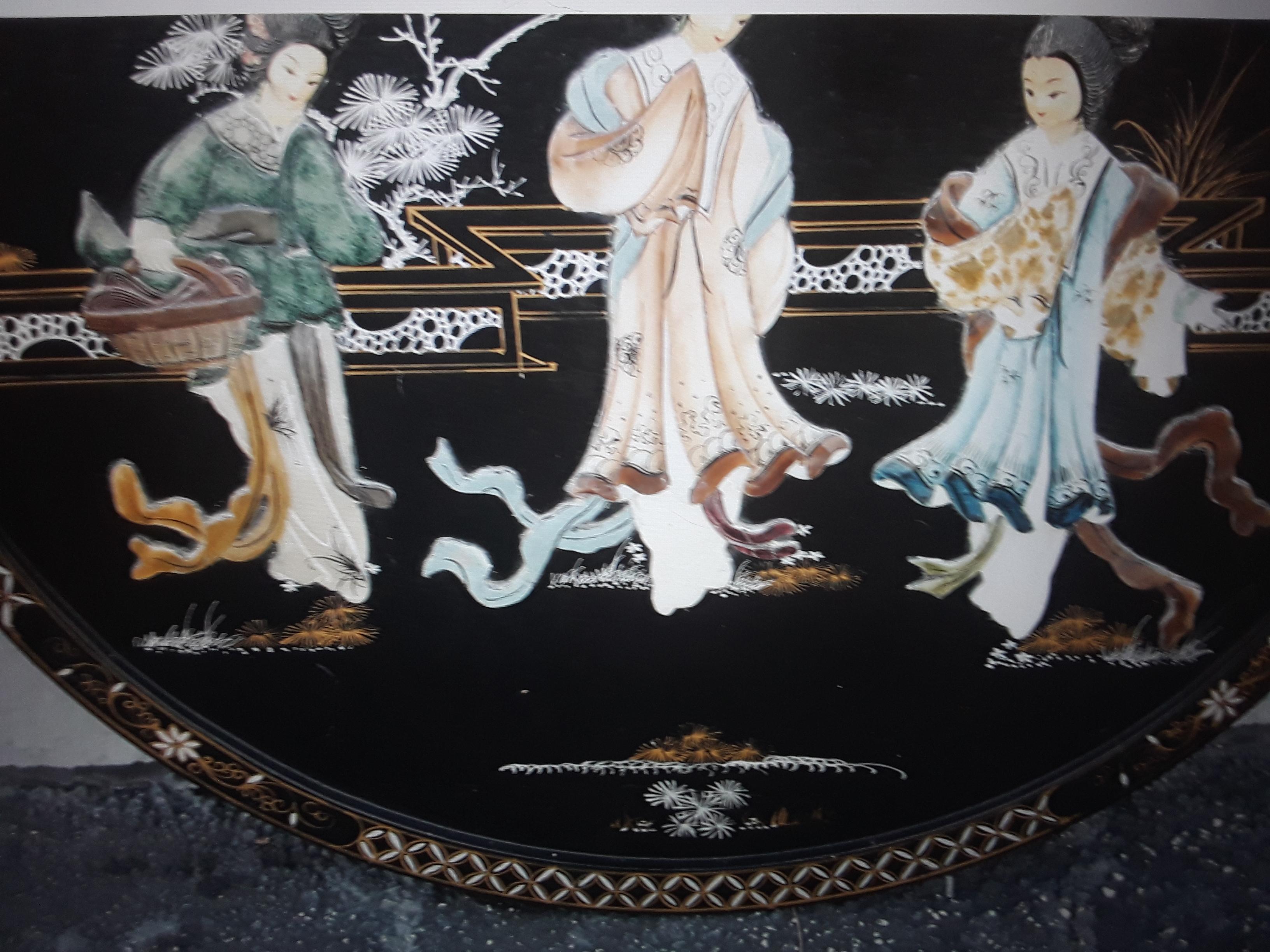 1940's Asian Chinoiserie Black Lacquer Framed Ladies Mingling Wall Decorative Ar In Good Condition For Sale In Opa Locka, FL