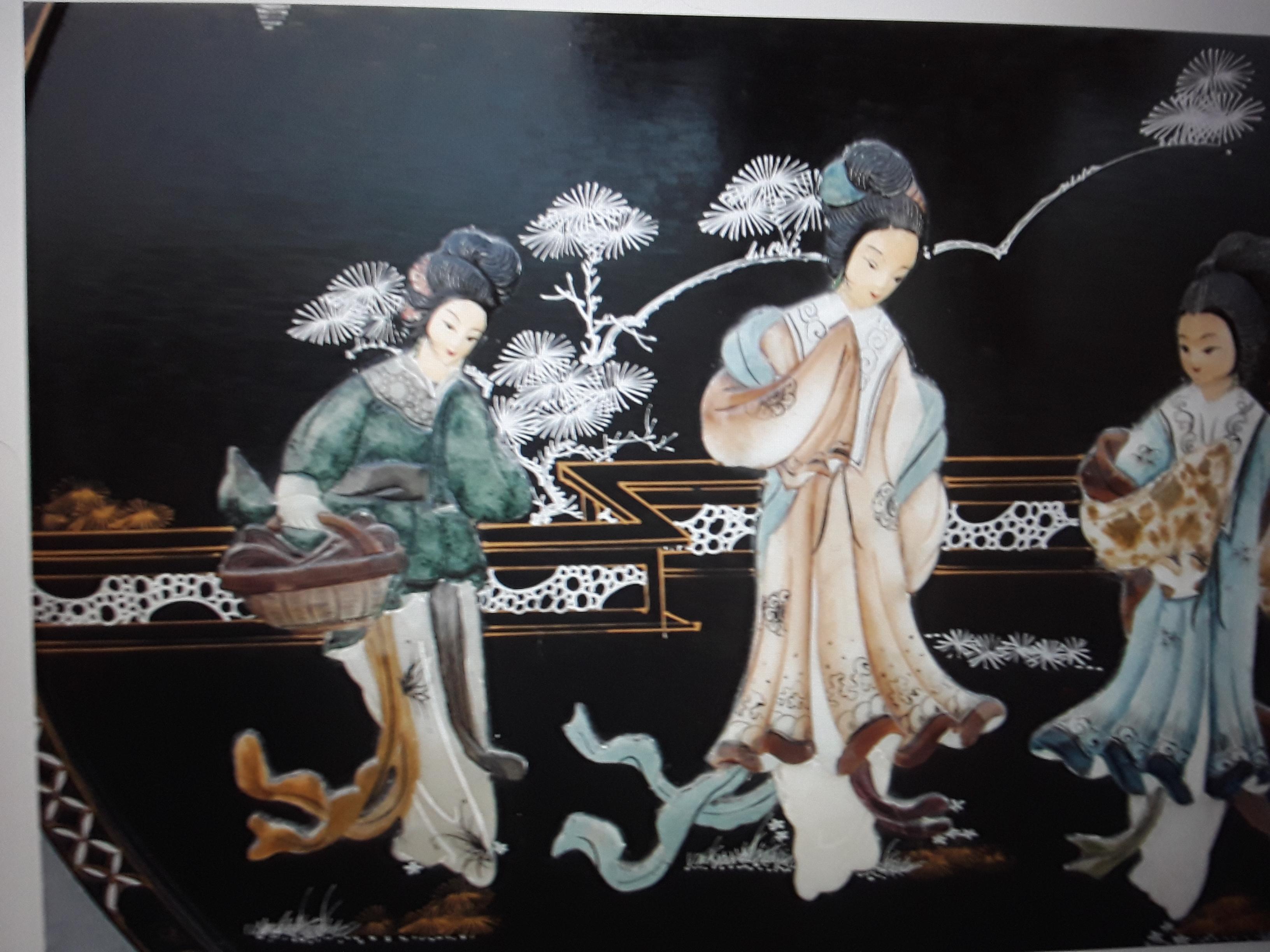 Wood 1940's Asian Chinoiserie Black Lacquer Framed Ladies Mingling Wall Decorative Ar For Sale