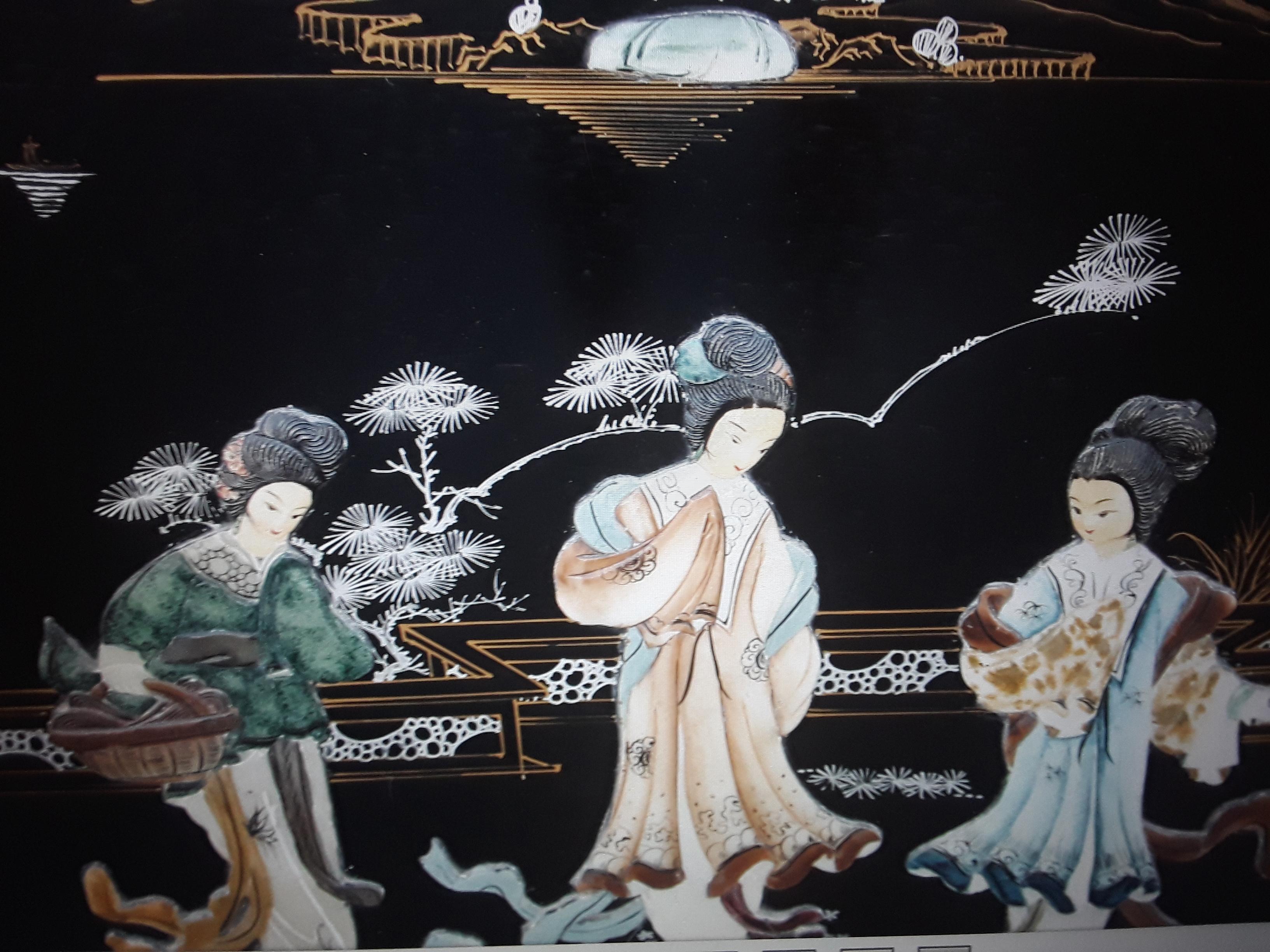 1940's Asian Chinoiserie Black Lacquer Framed Ladies Mingling Wall Decorative Ar For Sale 1