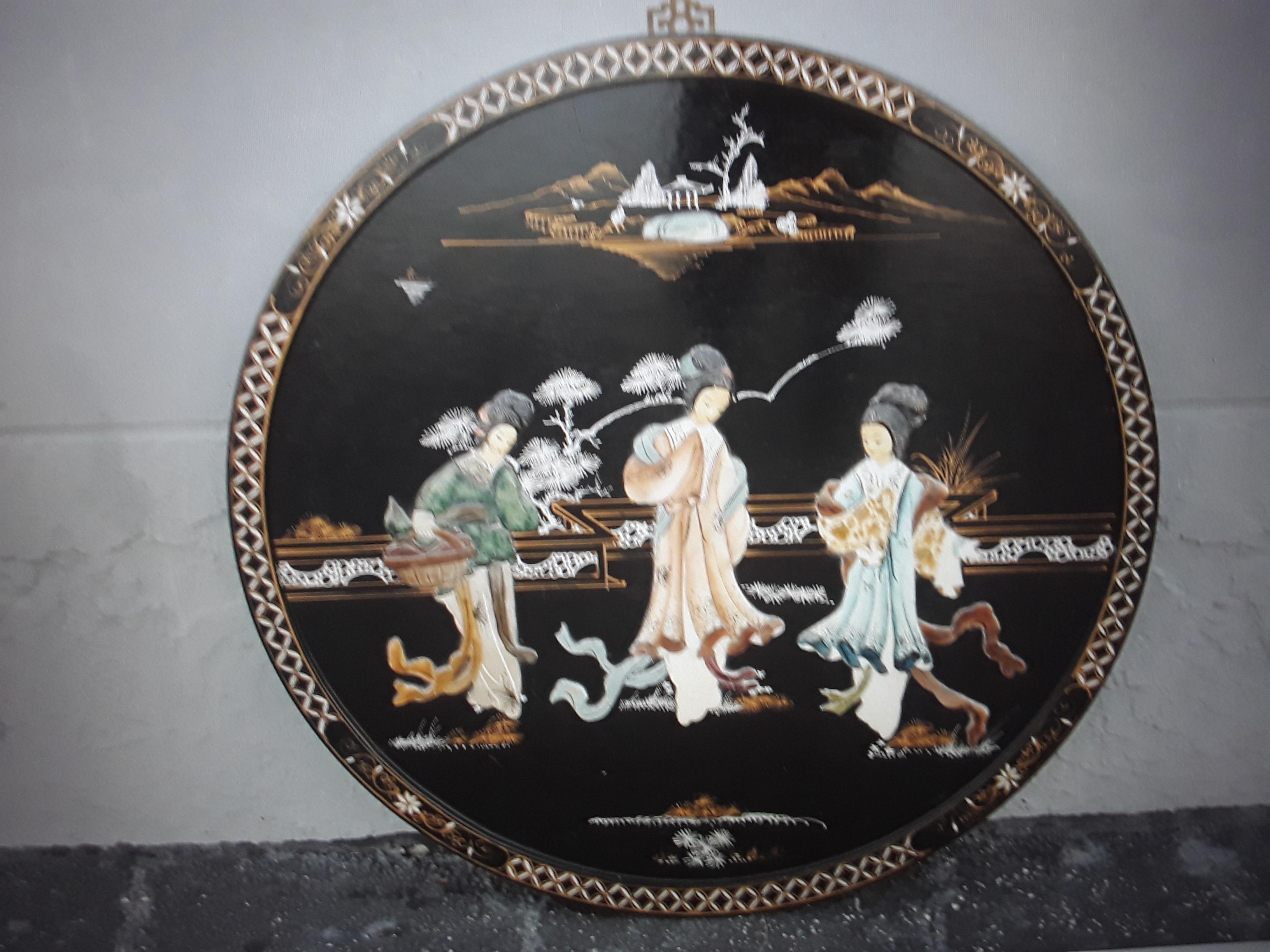 1940's Asian Chinoiserie Black Lacquer Framed Ladies Mingling Wall Decorative Ar For Sale 2