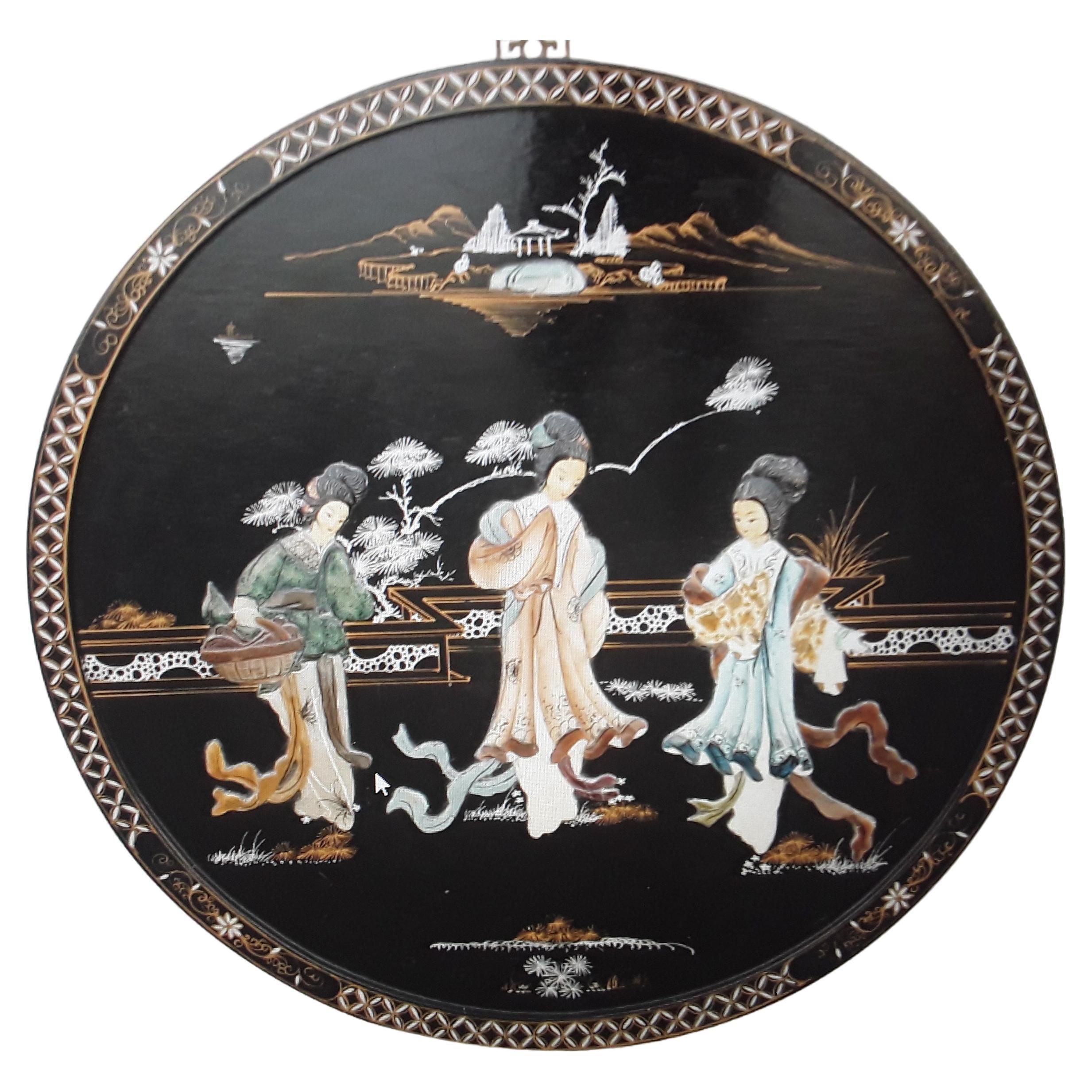 1940's Asian Chinoiserie Black Lacquer Framed Ladies Mingling Wall Decorative Ar For Sale