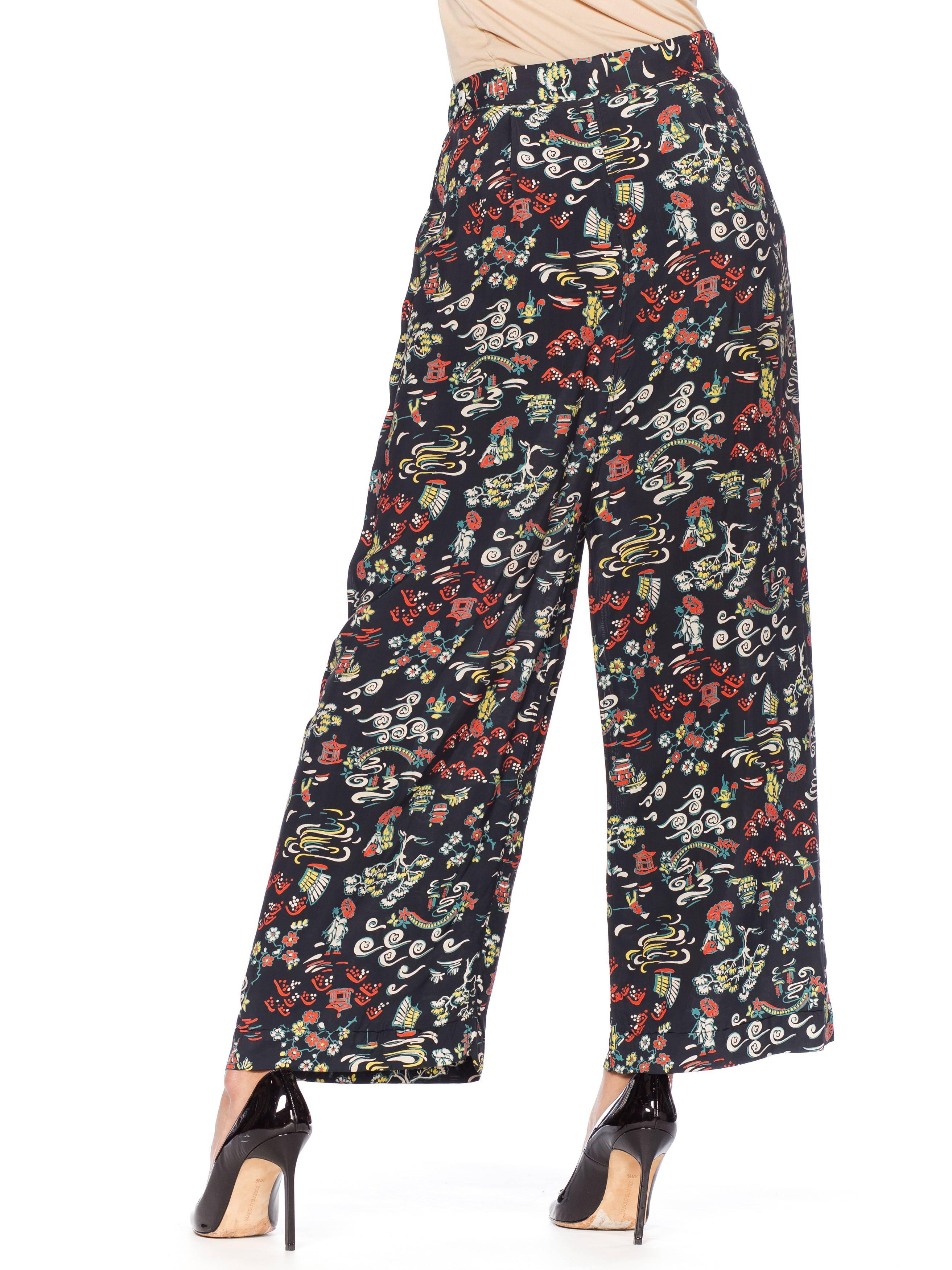 1940s Asian Pagoda Print Rayon Pajama Pants 6