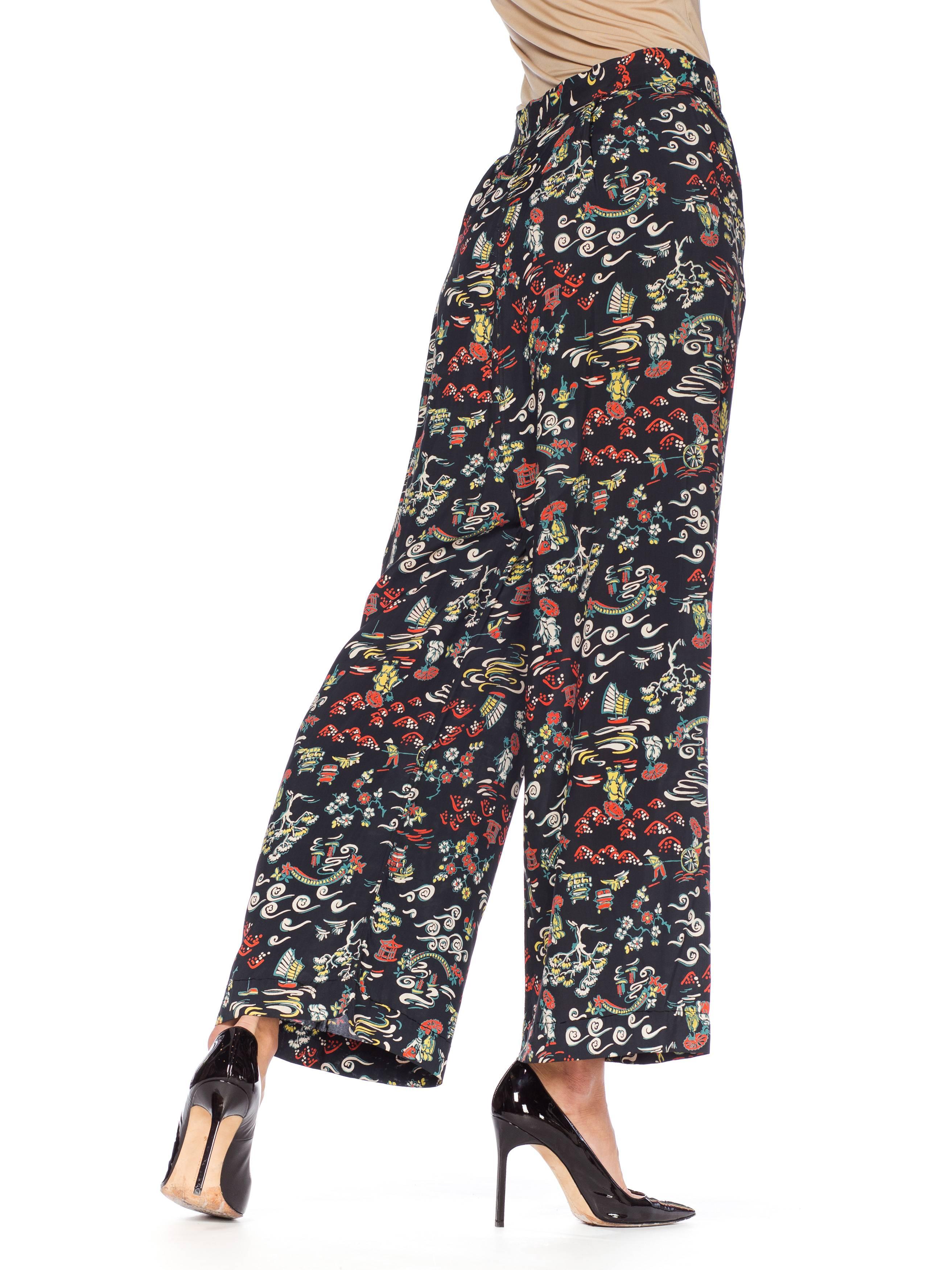 Women's 1940s Asian Pagoda Print Rayon Pajama Pants