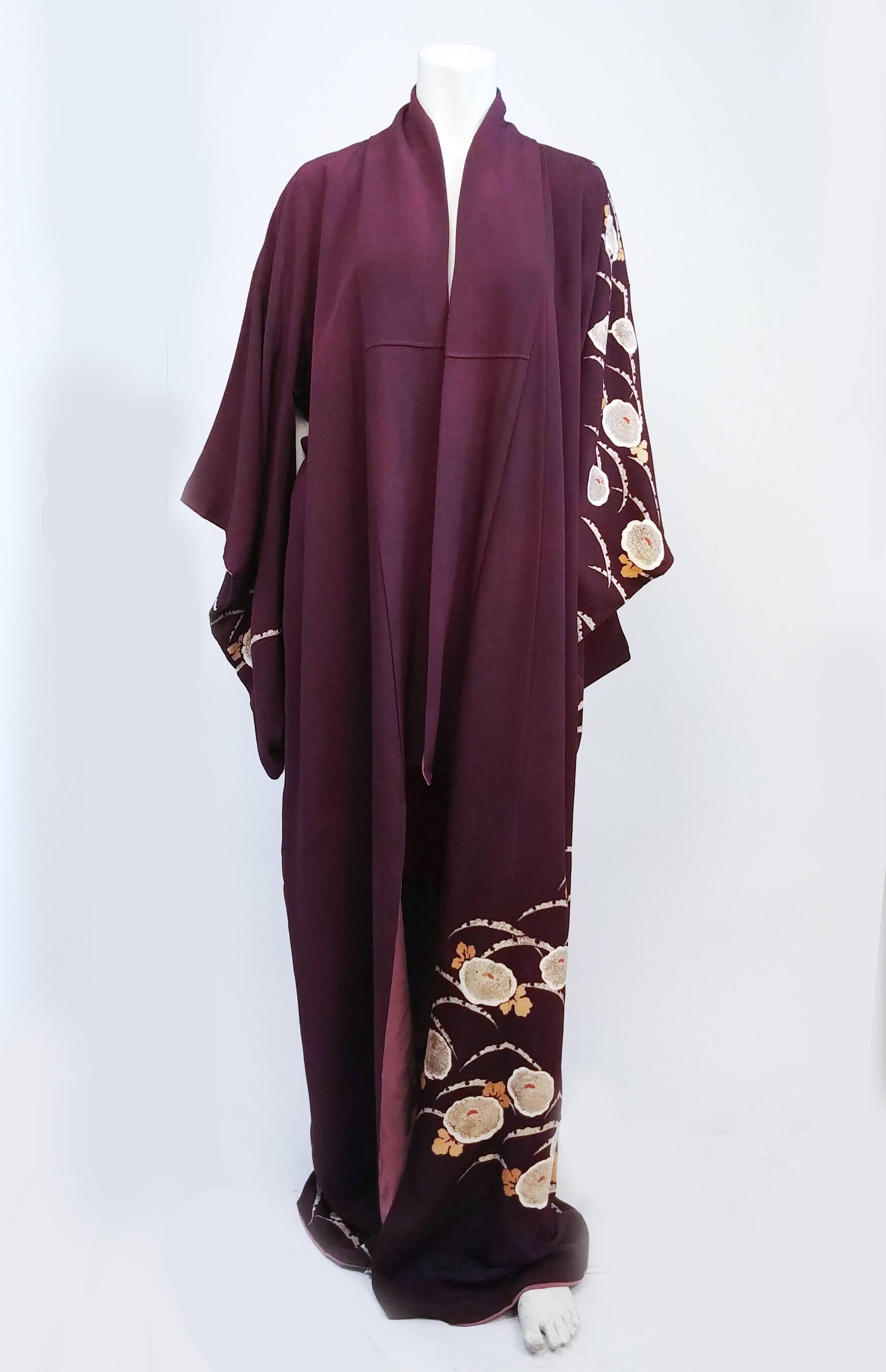 Black Aubergine Purple Painted Shibori Kimono, 1940s 