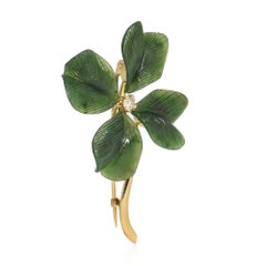 1940s Austrian Gold and Carved Nephrite Jade Four-Leaf Clover Brooch