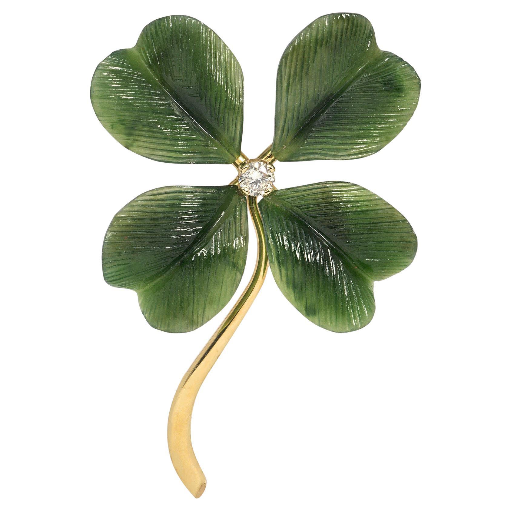 1940s Austrian Gold and Carved Nephrite Jade Four-Leaf Clover Brooch For Sale