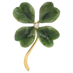Vintage 1940s Austrian Gold and Carved Nephrite Jade Four-Leaf Clover Brooch