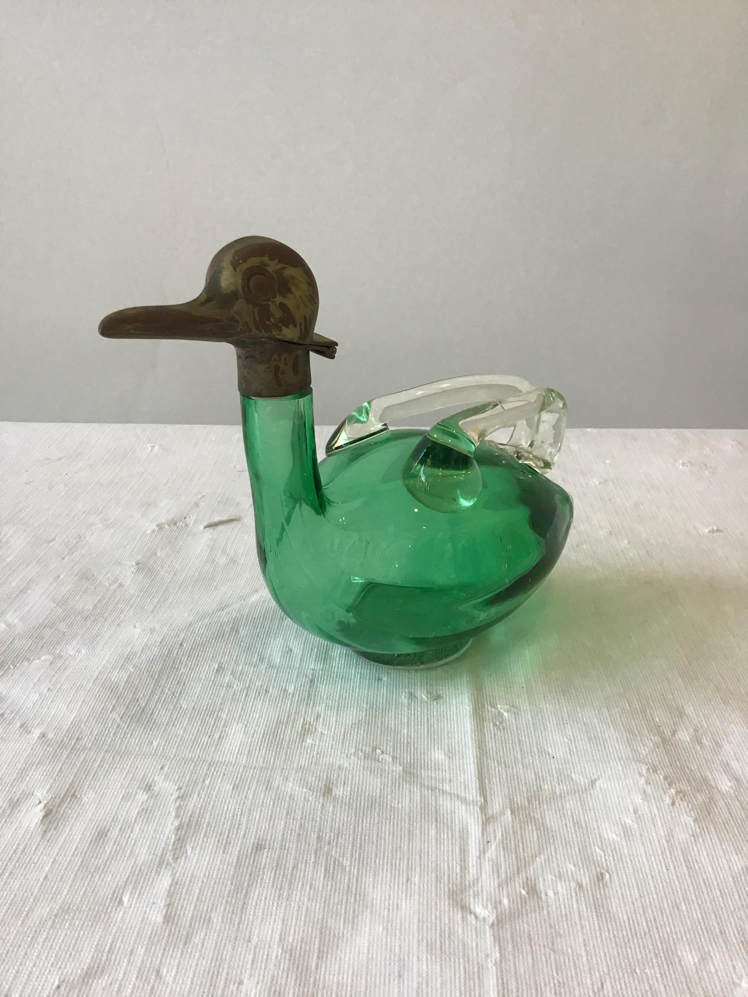 1940s Austrian Green Art Glass Duck Decanter In Good Condition In Tarrytown, NY