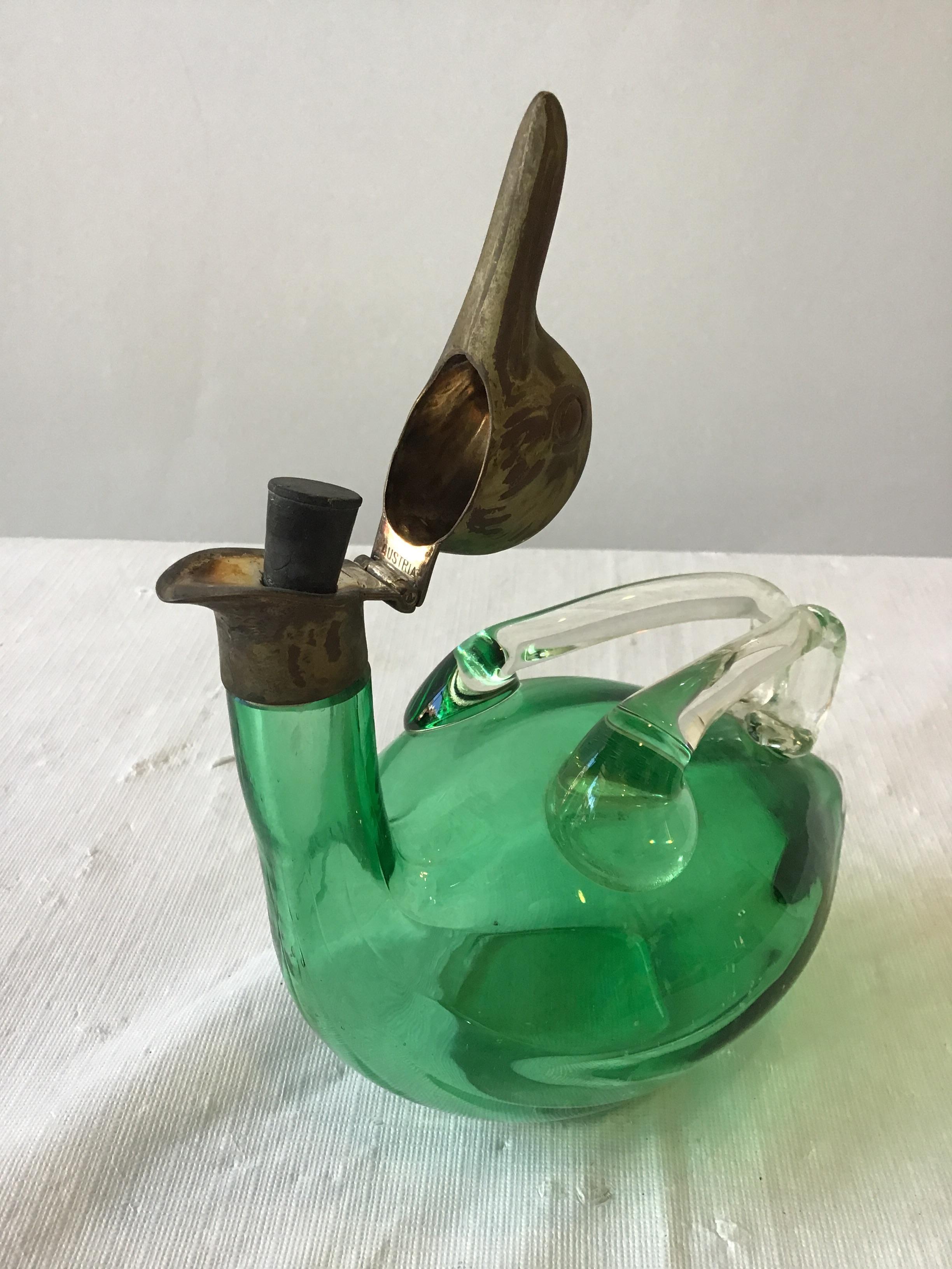 1940s Austrian Green Art Glass Duck Decanter 1
